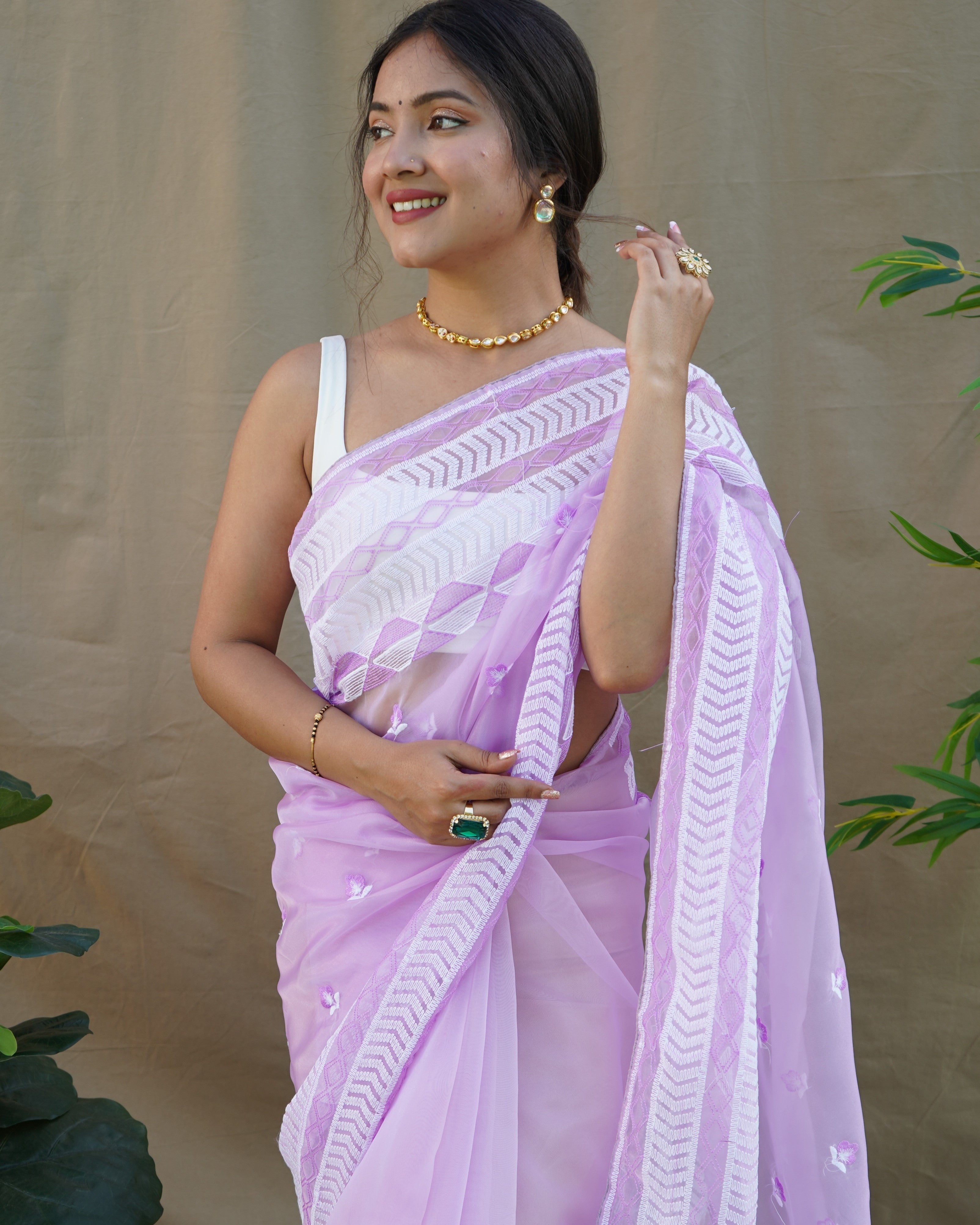 Purple Organza Saree With Satin Benglori Blouse