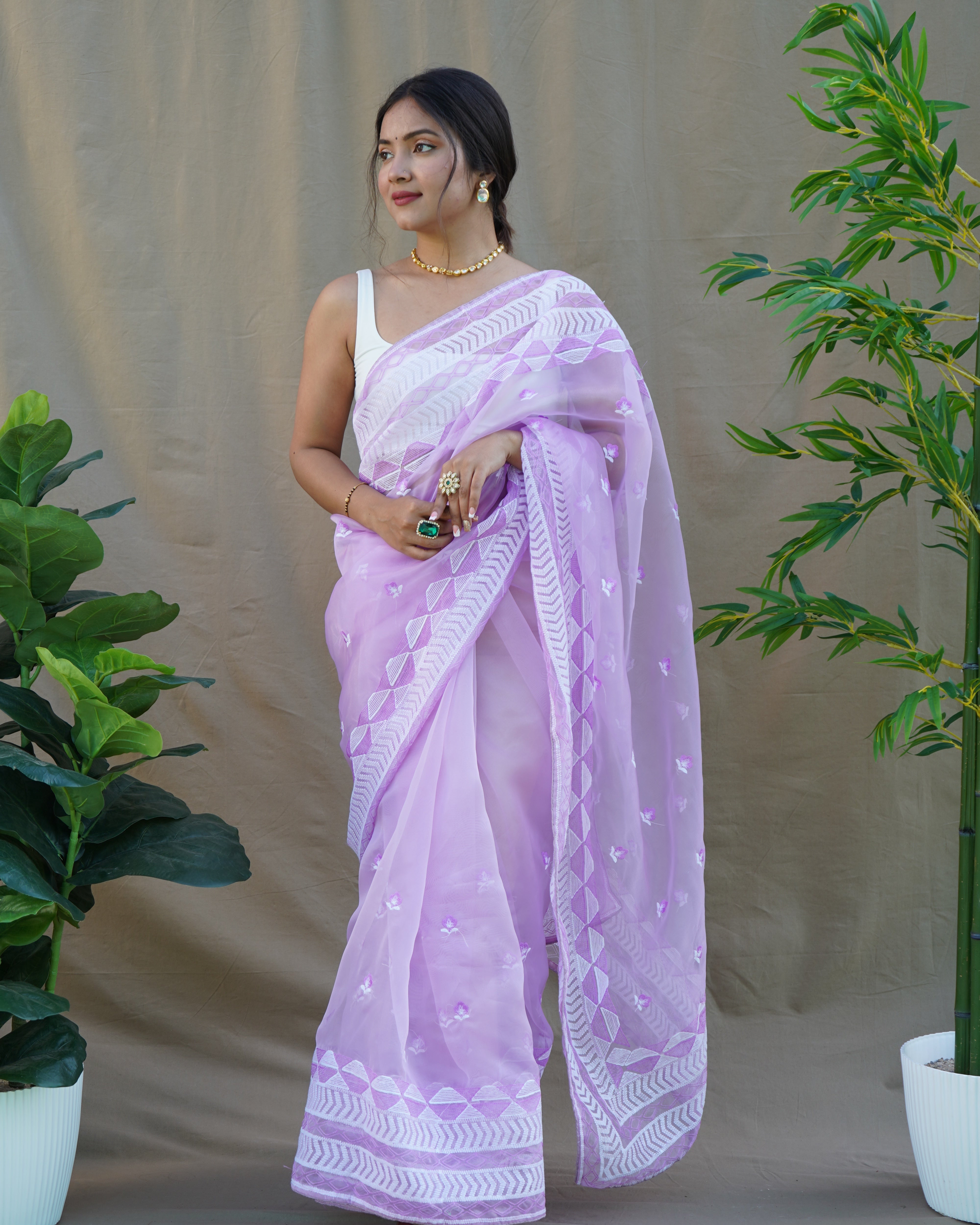 Purple Organza Saree With Satin Benglori Blouse