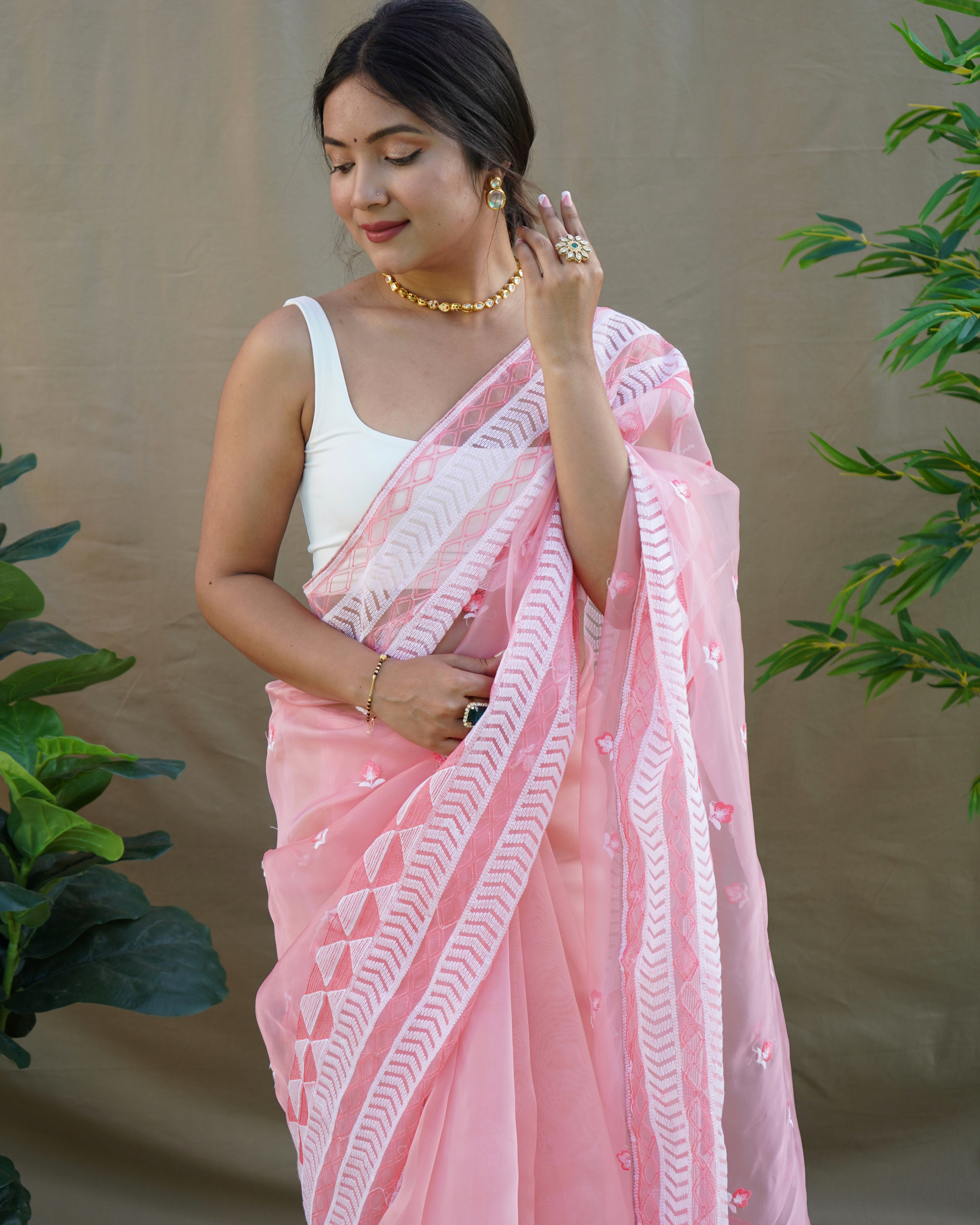 Pink Organza Saree With Satin Benglori Blouse