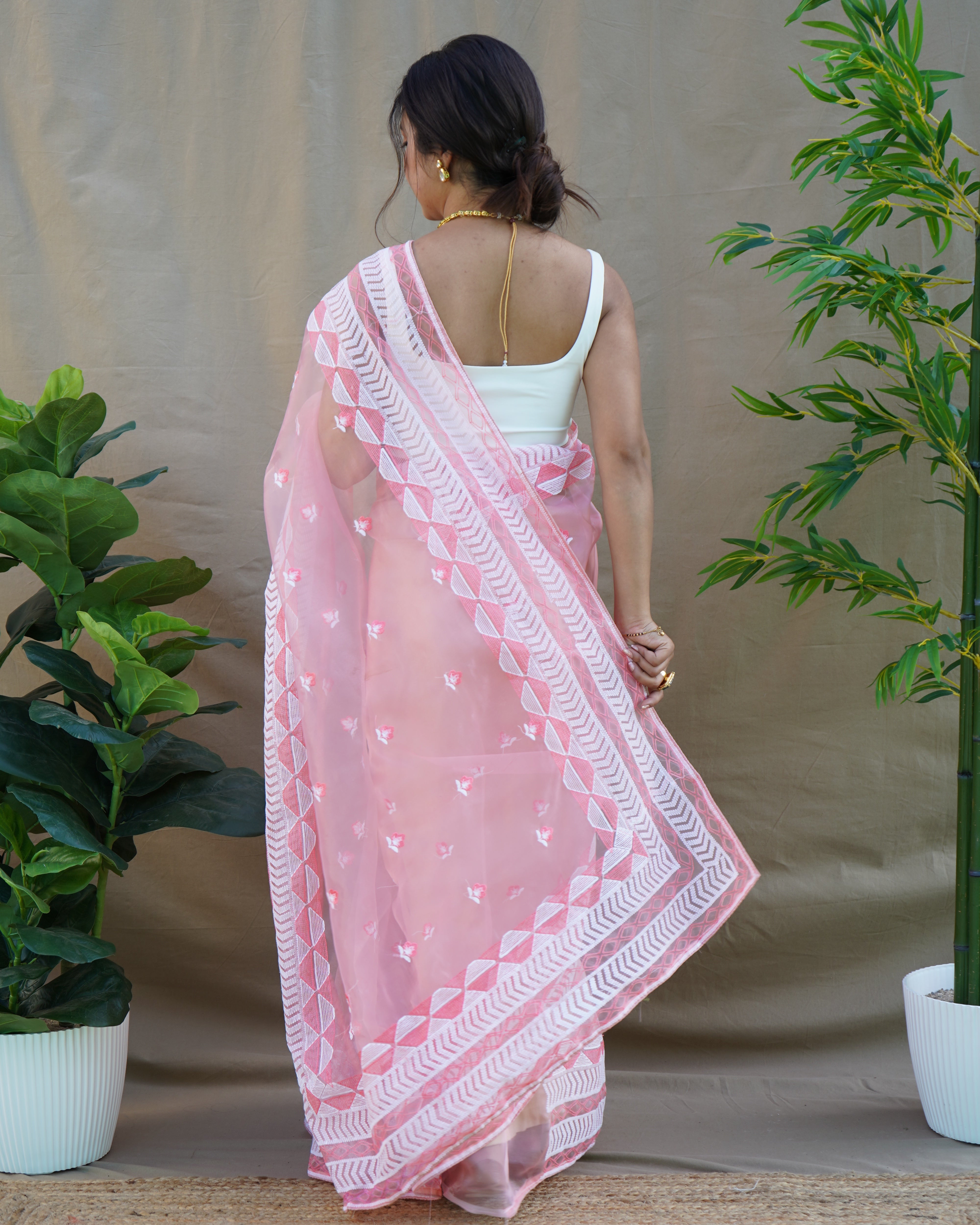 Pink Organza Saree With Satin Benglori Blouse