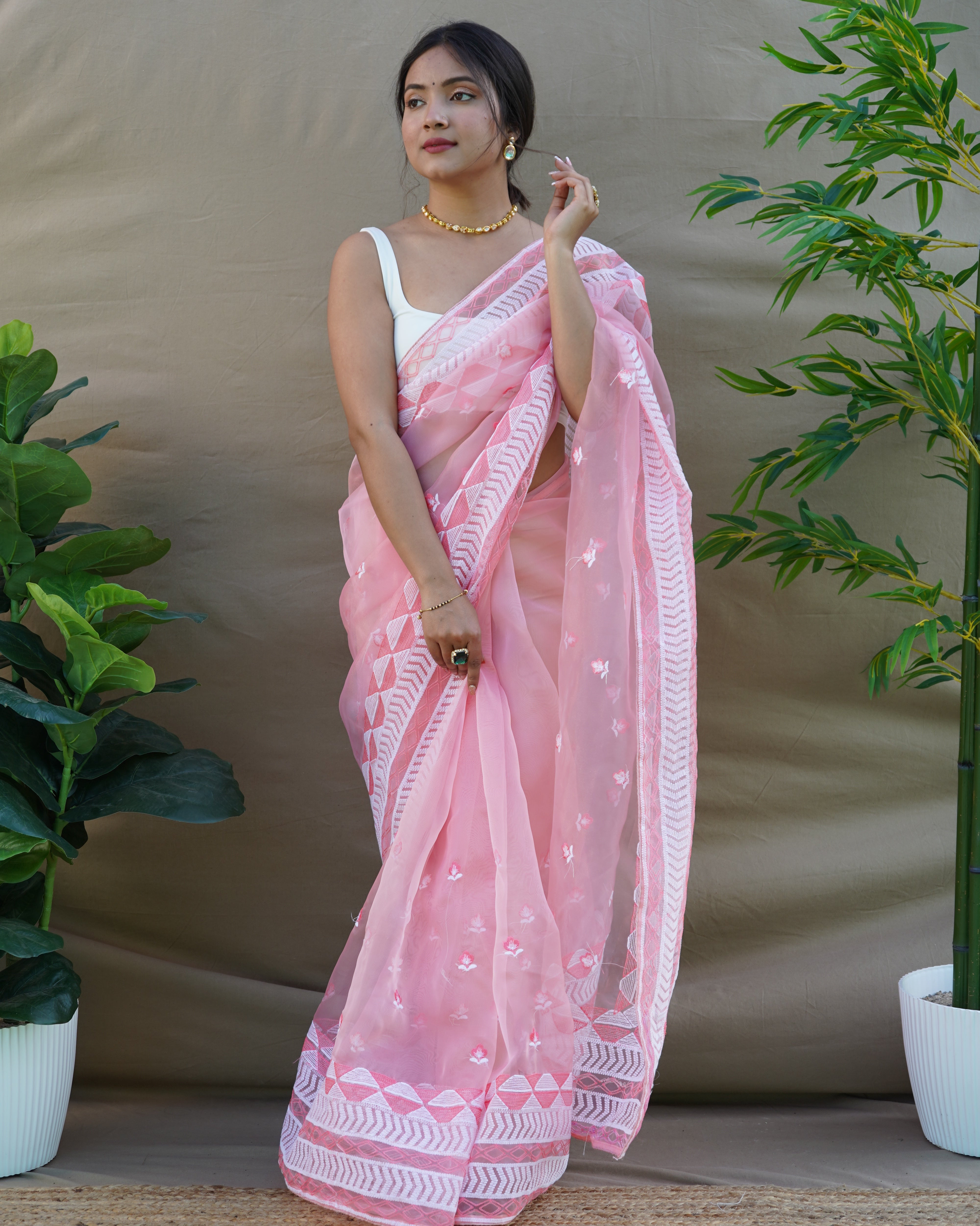 Pink Organza Saree With Satin Benglori Blouse