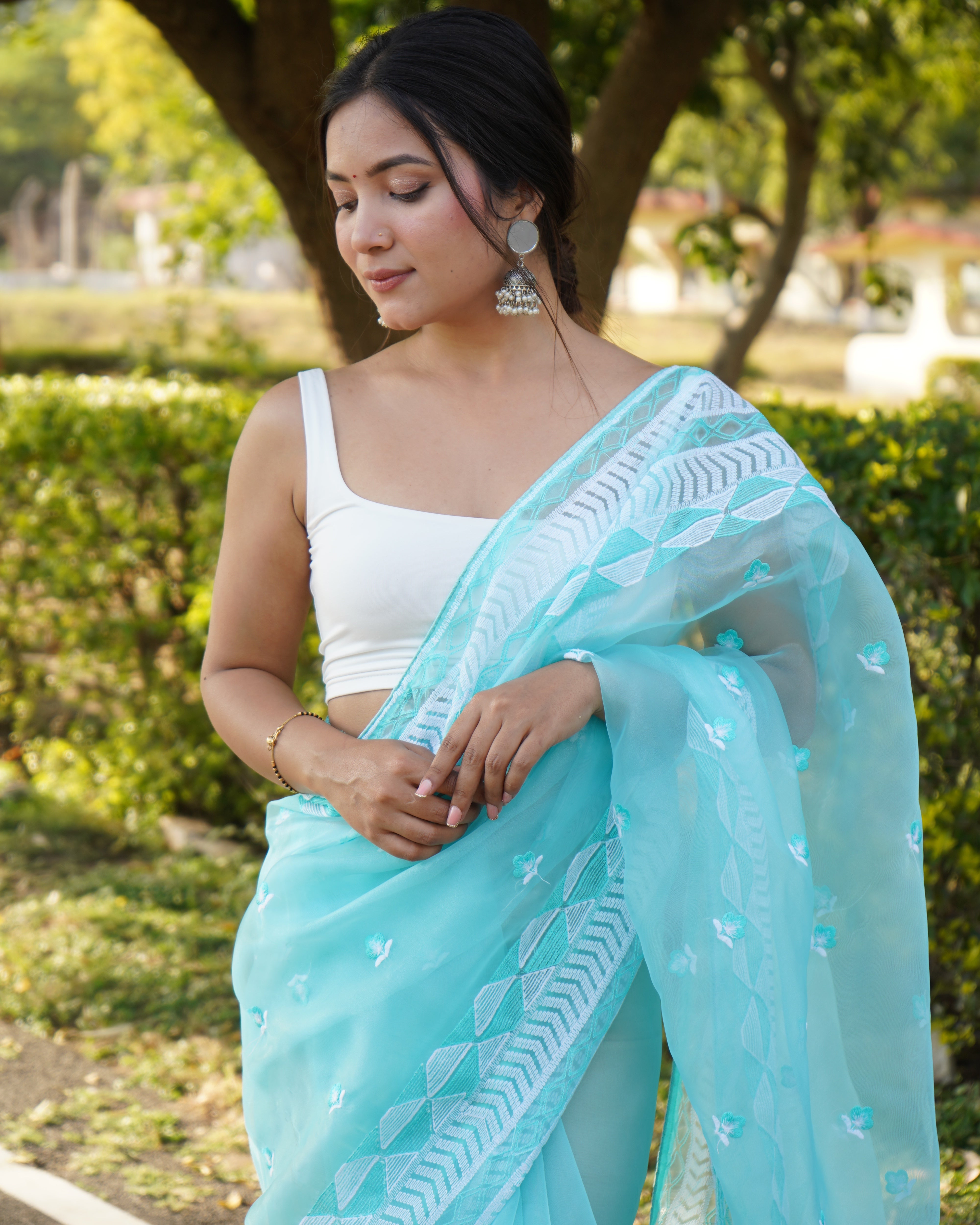 Sky Organza Saree With Satin Benglori Blouse