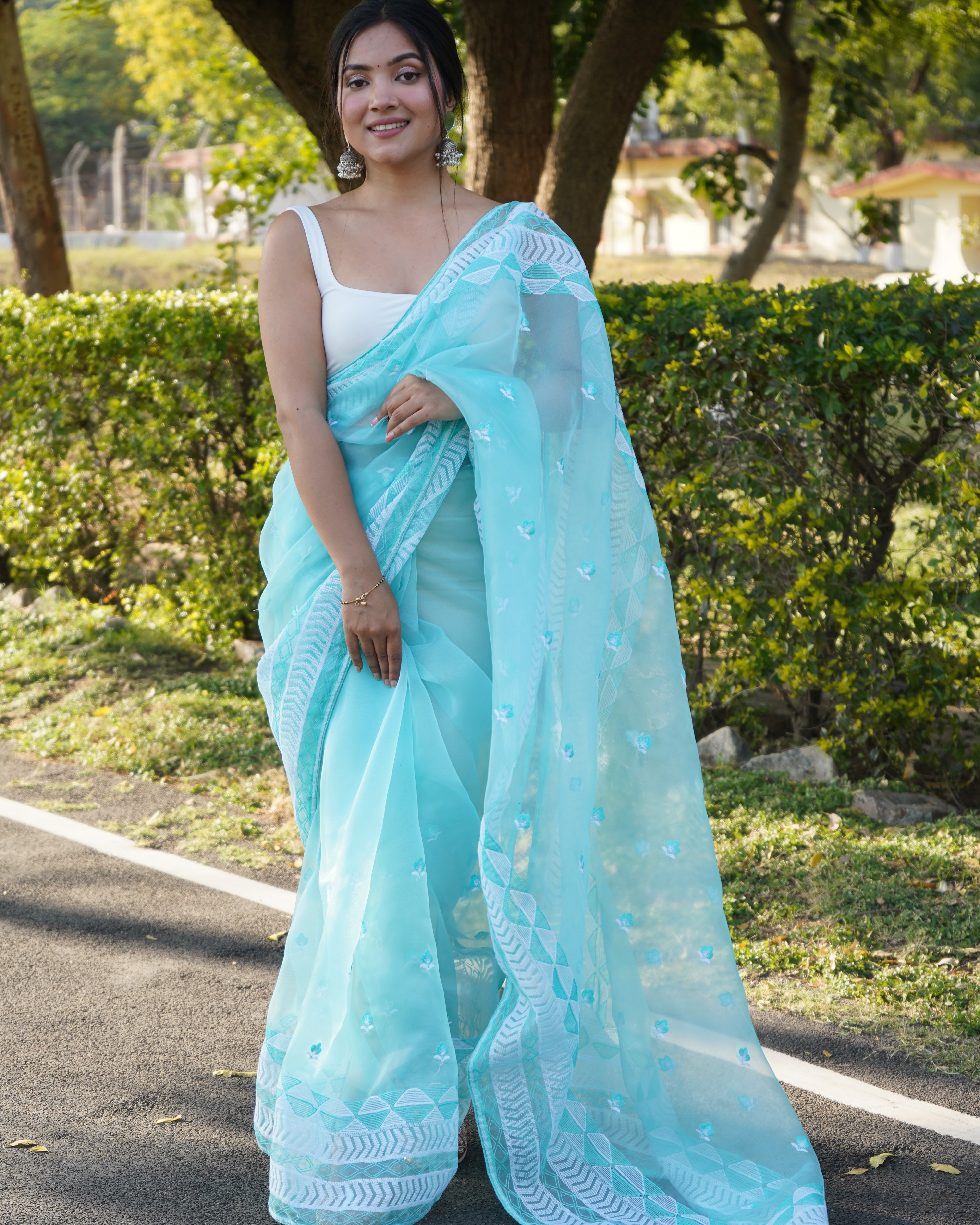 Sky Organza Saree With Satin Benglori Blouse