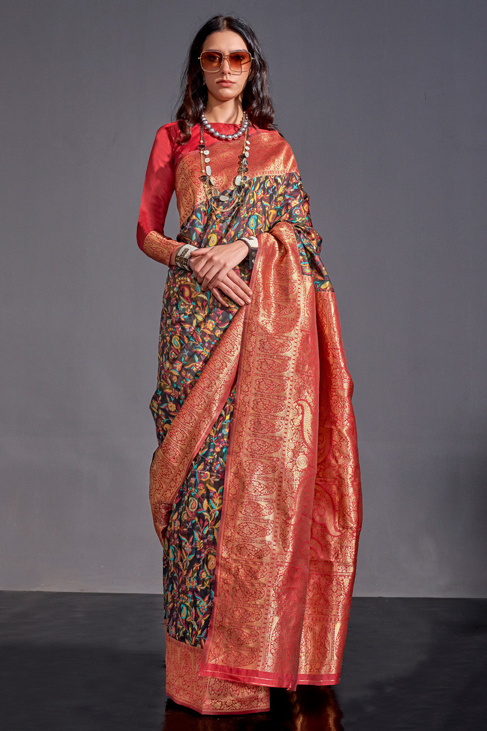 Black Banarasi Kashmiri Modal Silk Saree