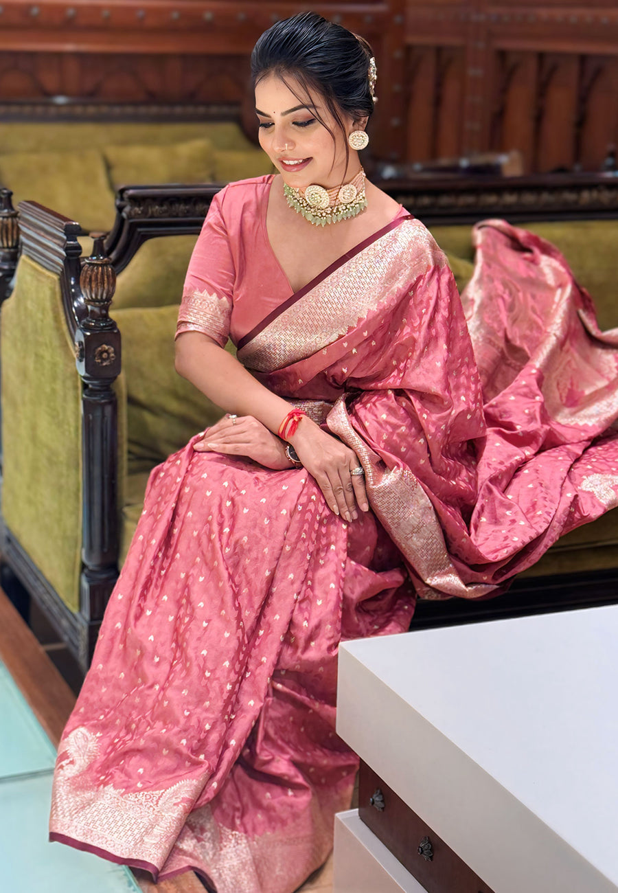 Pink Banarasi Antique Silk Saree