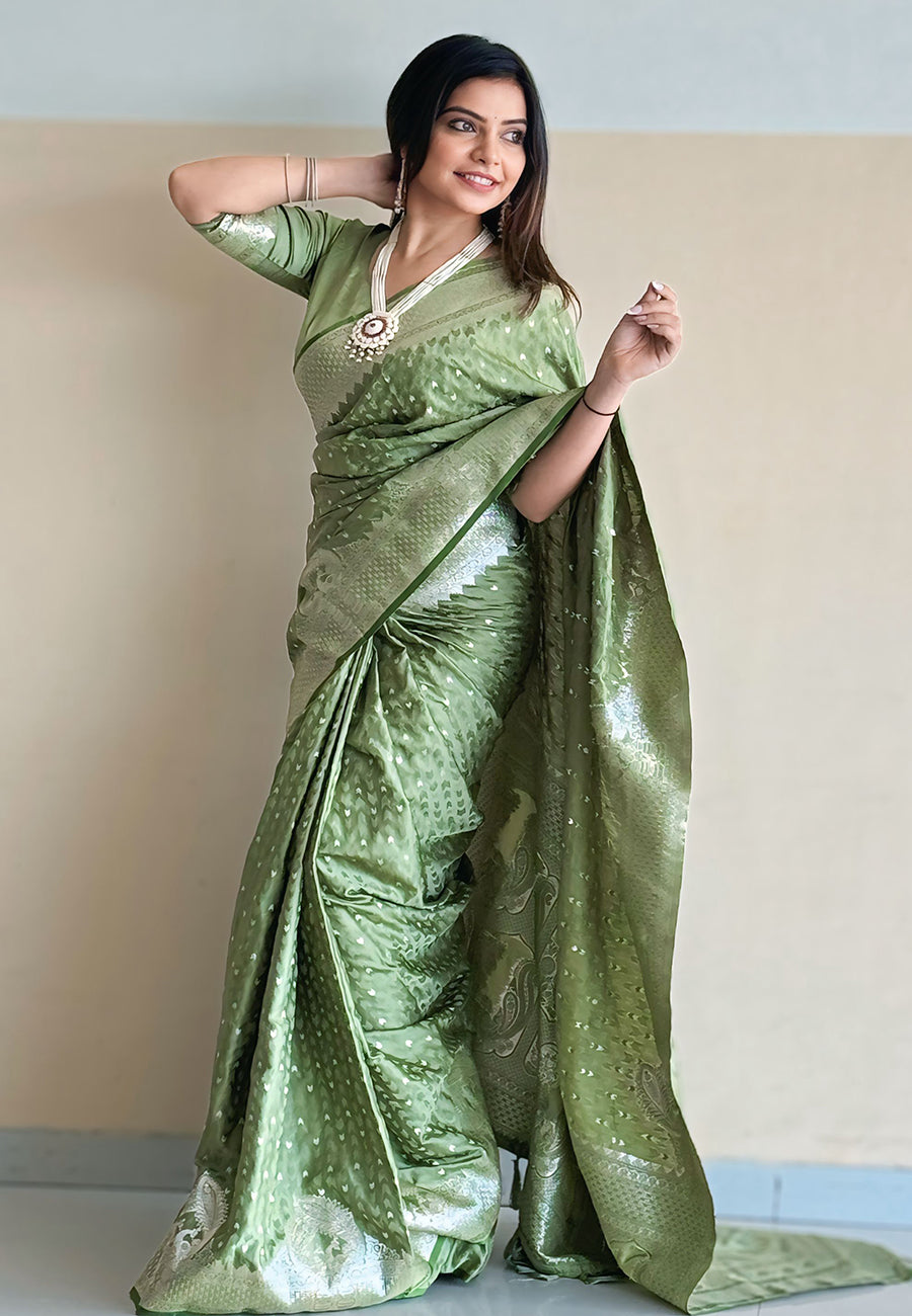 Lime Green Banarasi Antique Silk Saree