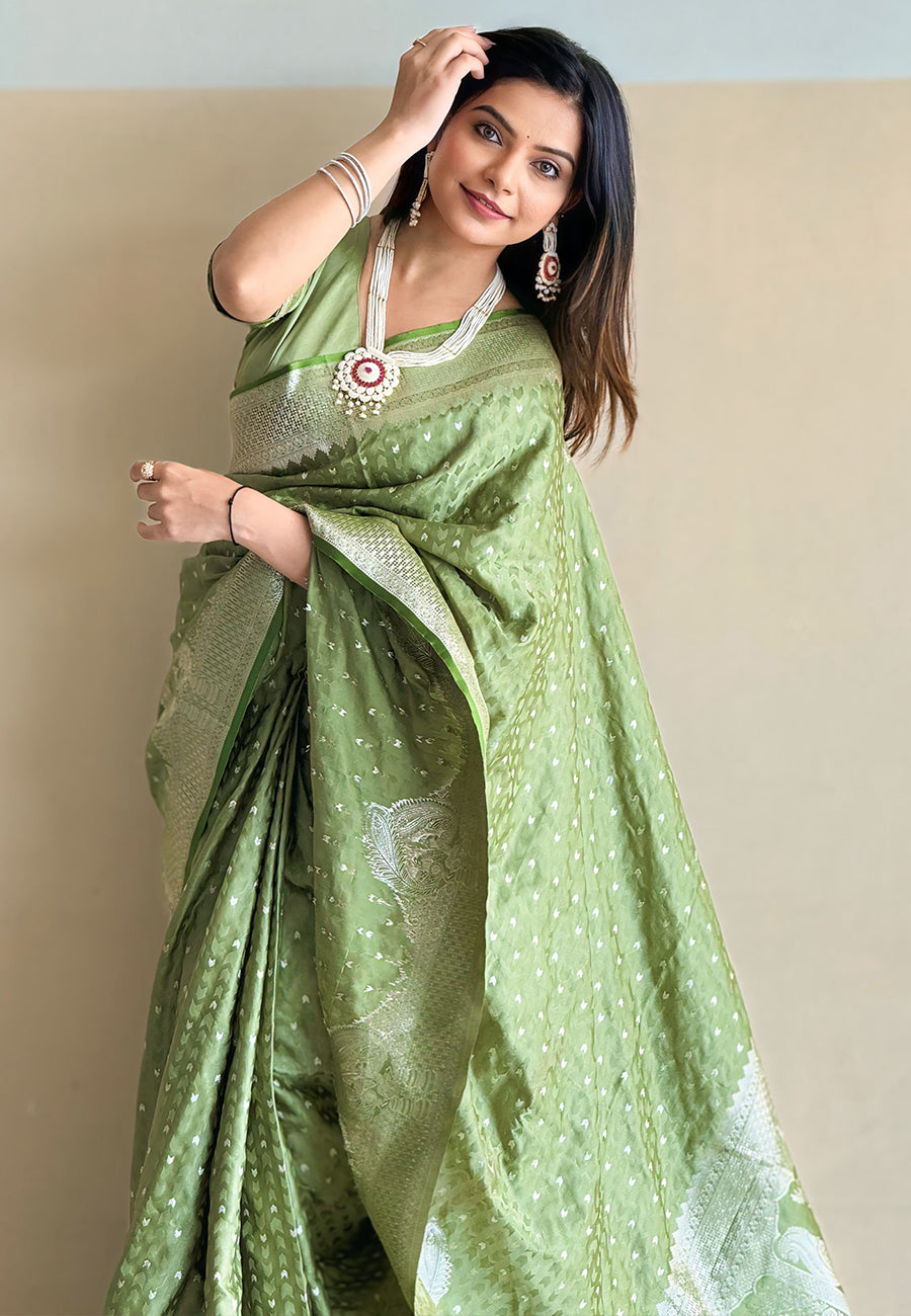 Lime Green Banarasi Antique Silk Saree