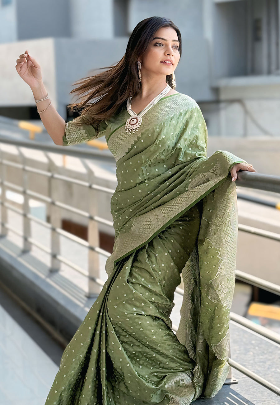 Lime Green Banarasi Antique Silk Saree