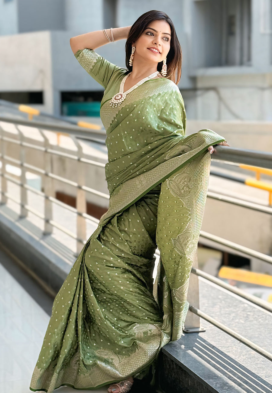 Lime Green Banarasi Antique Silk Saree