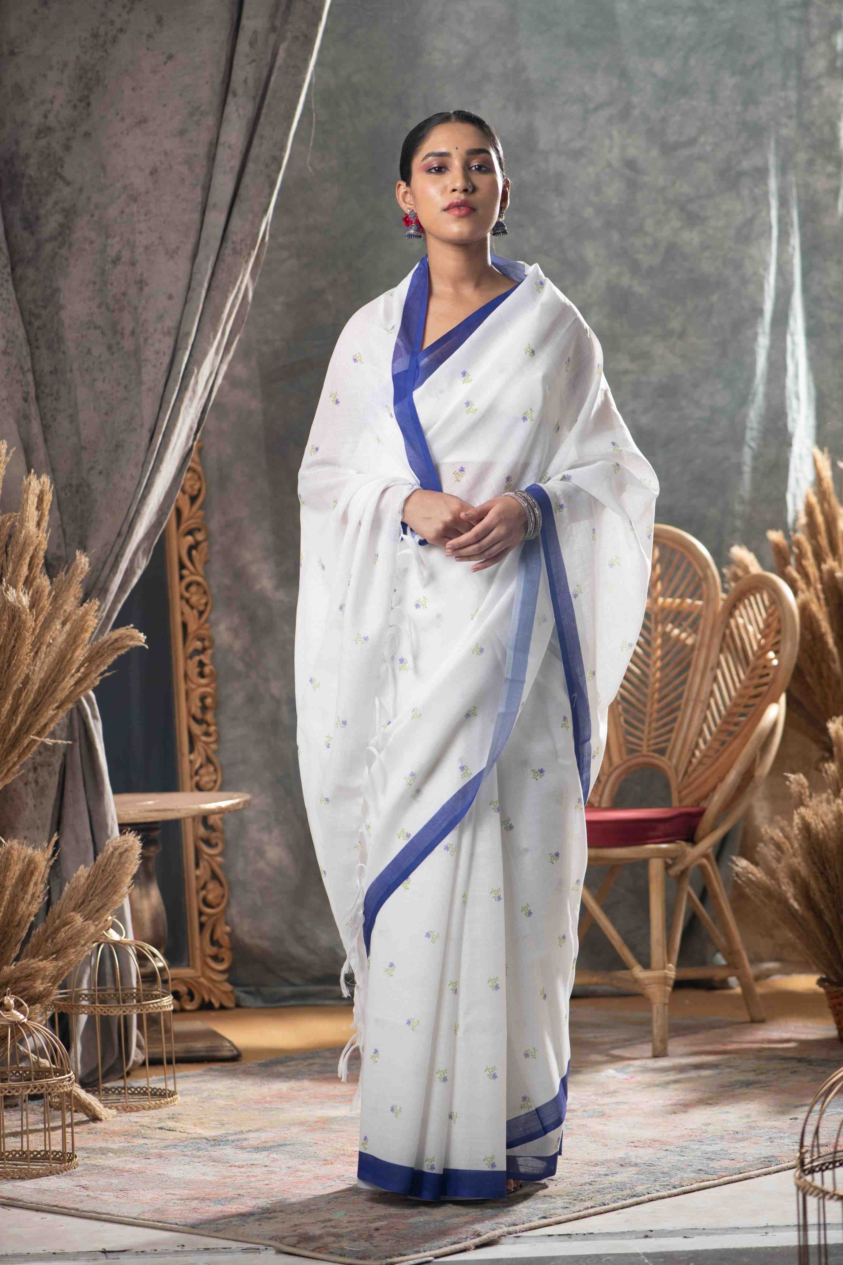 White Printed  Cotton Saree