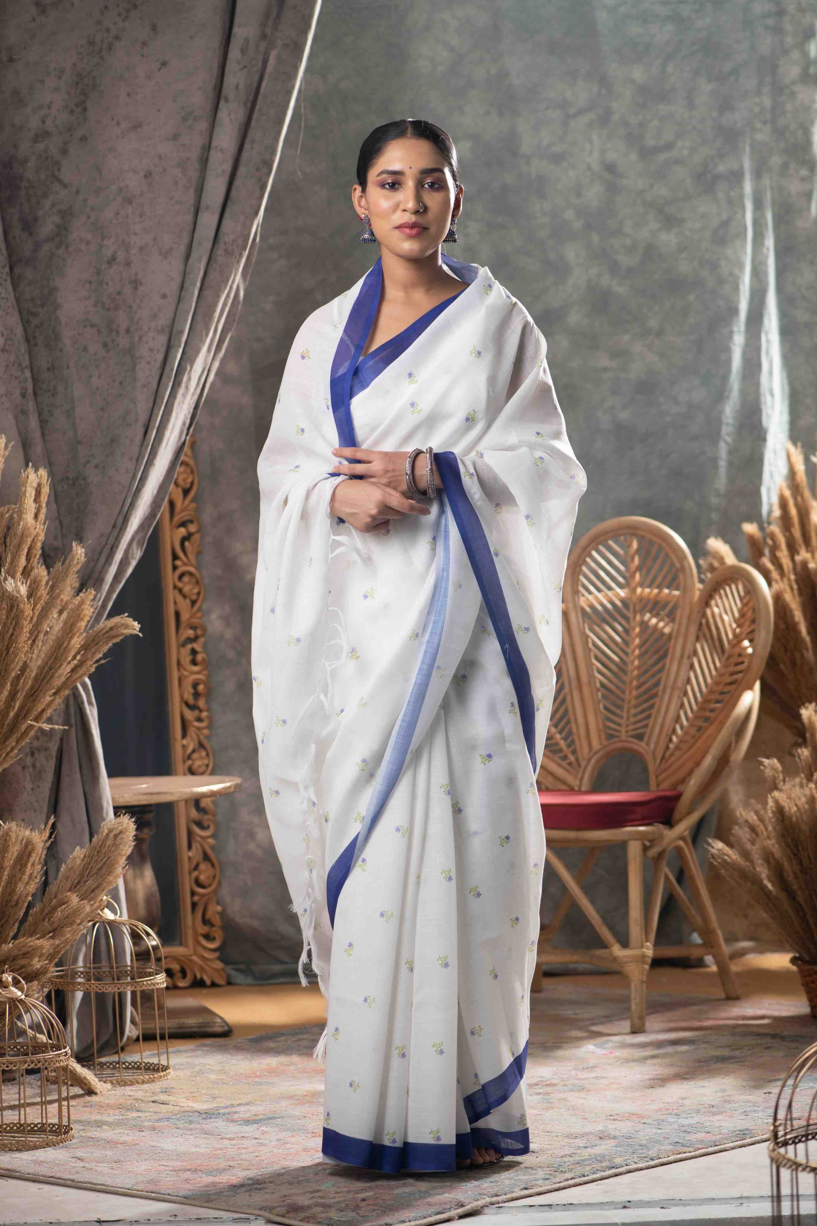 White Printed  Cotton Saree