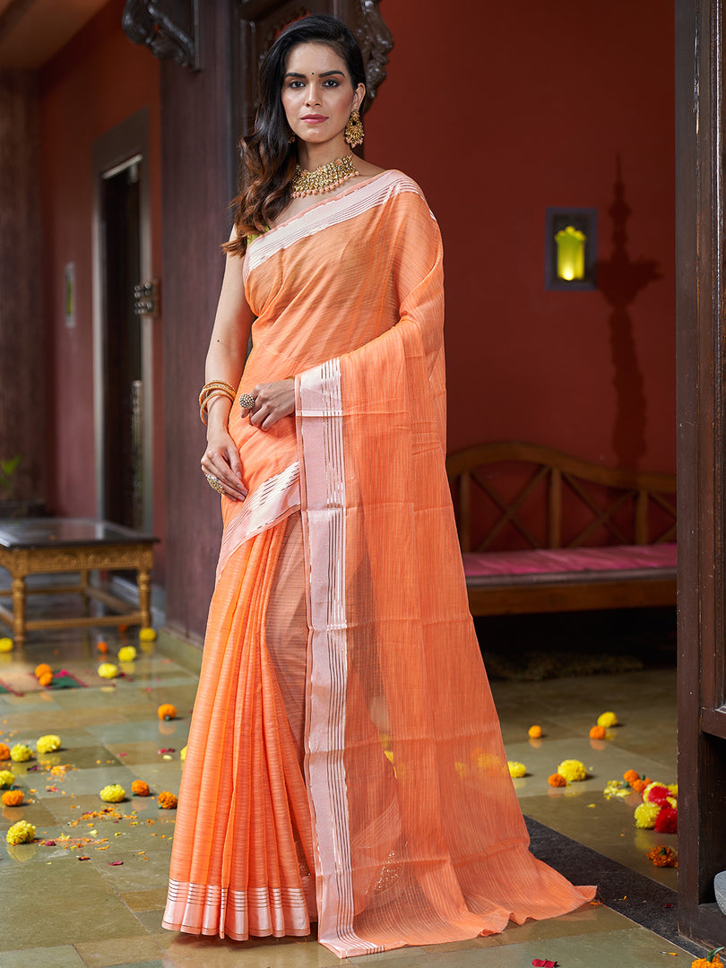 Salmon Orange Plain Chiffon Satin Saree With Lace Border – Fabcurate