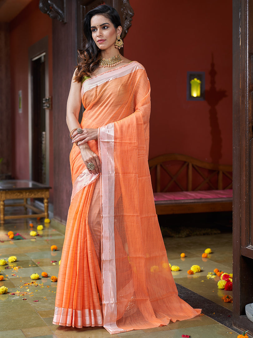 Exclusive Orange Designer Vichitra Silk Saree & Contrast Blouse