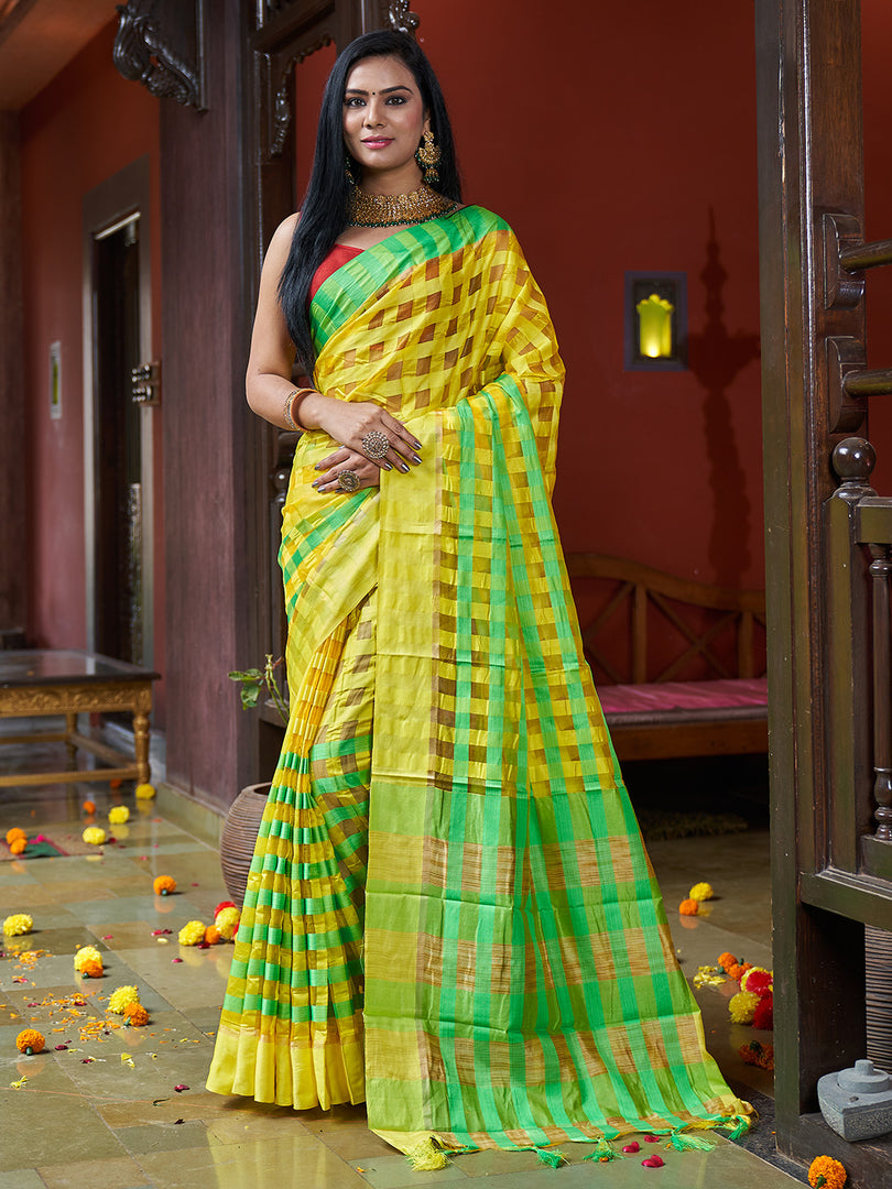 Stunning Yellow Colour Saree With Green Combination Border & Heavy Brocade  Blouse Banarasi Beautiful Zari Work In Form Of Traditional Motifs Soft Silk  Saree