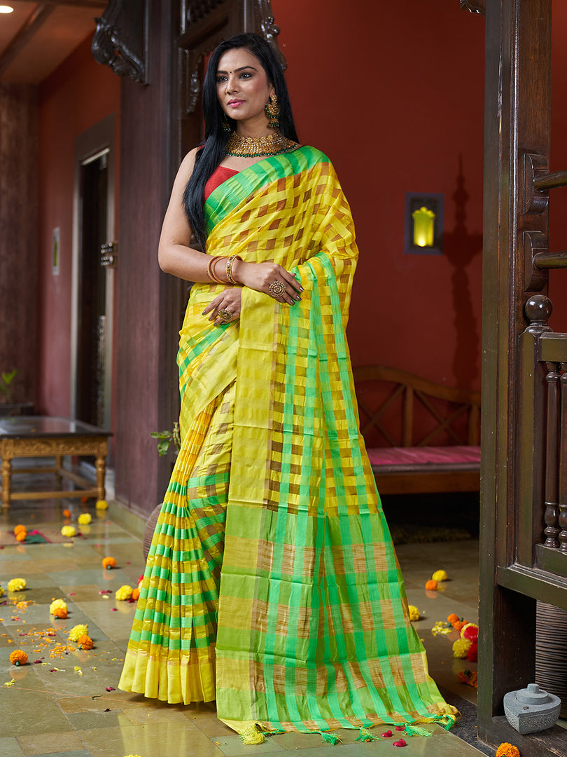 Orange, Yellow and Green Saree with Blouse at best price in Ahmedabad