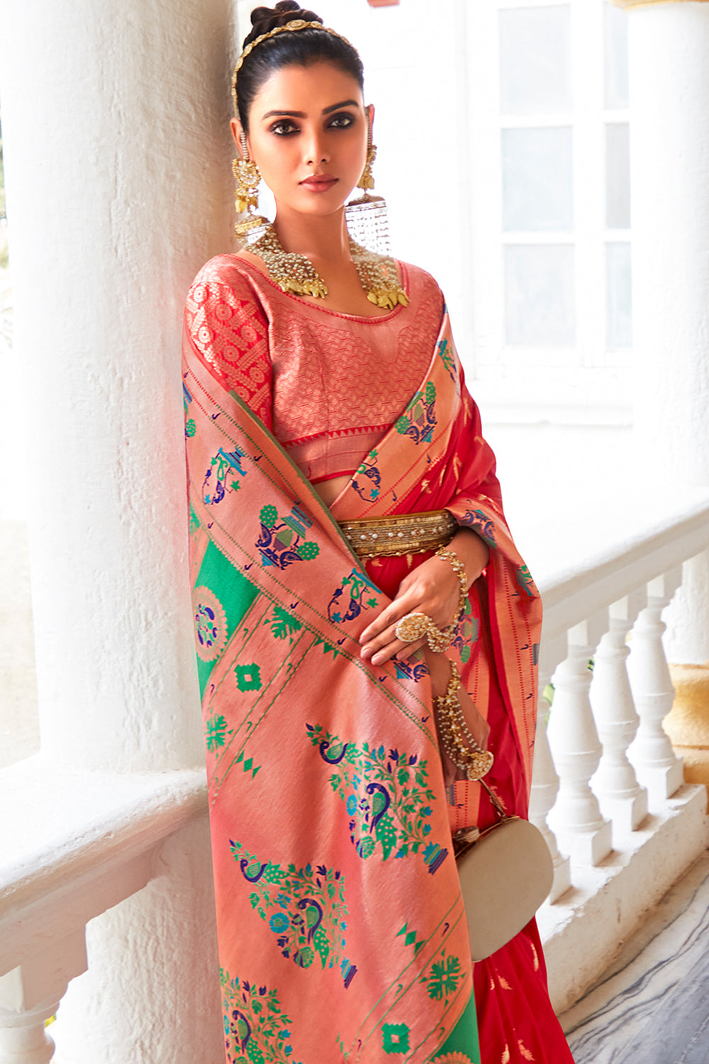 Cherry Red Paithani Silk Saree