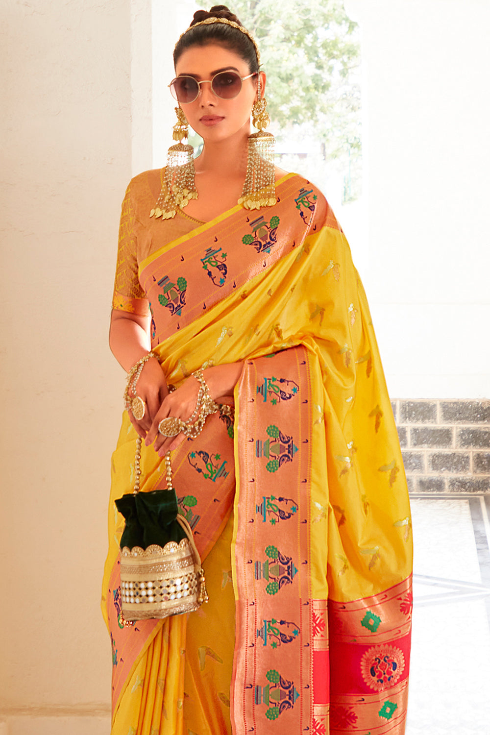 Bright Yellow Paithani Silk Saree