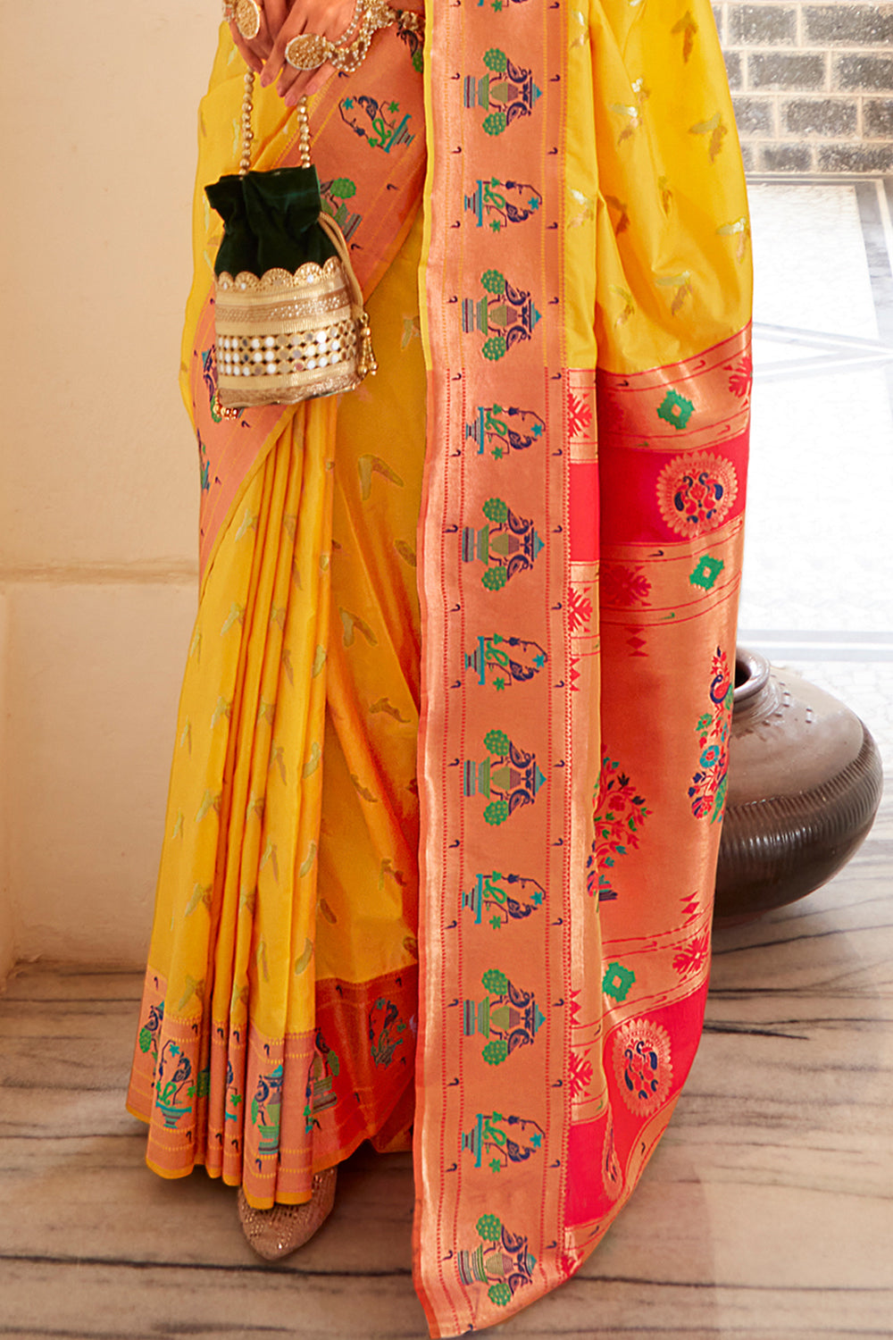 Bright Yellow Paithani Silk Saree