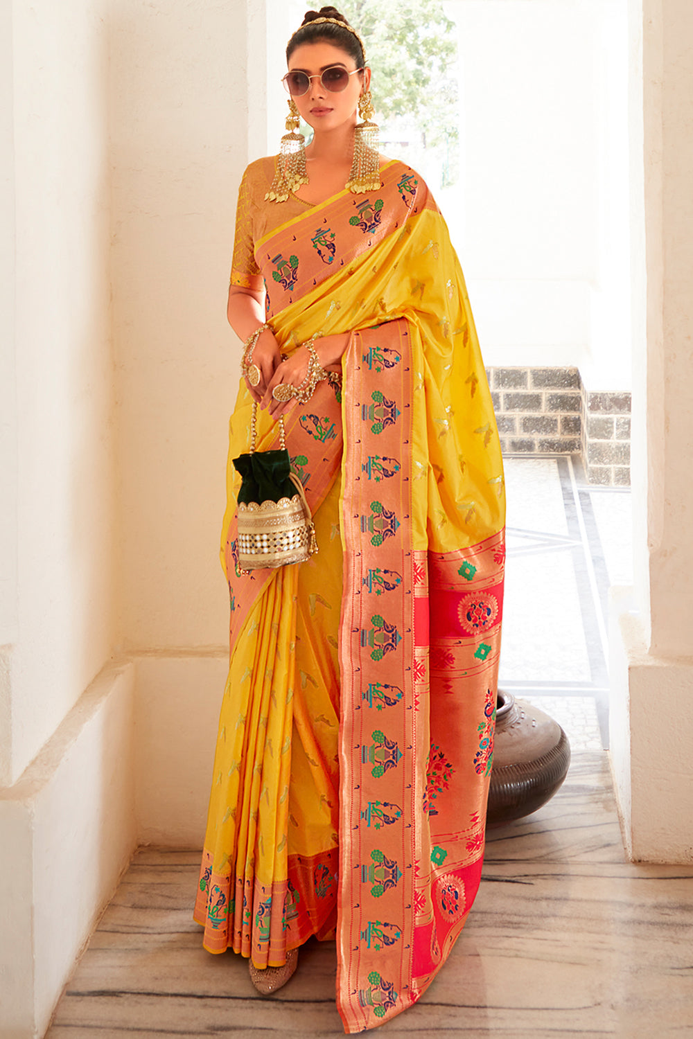 Bright Yellow Paithani Silk Saree