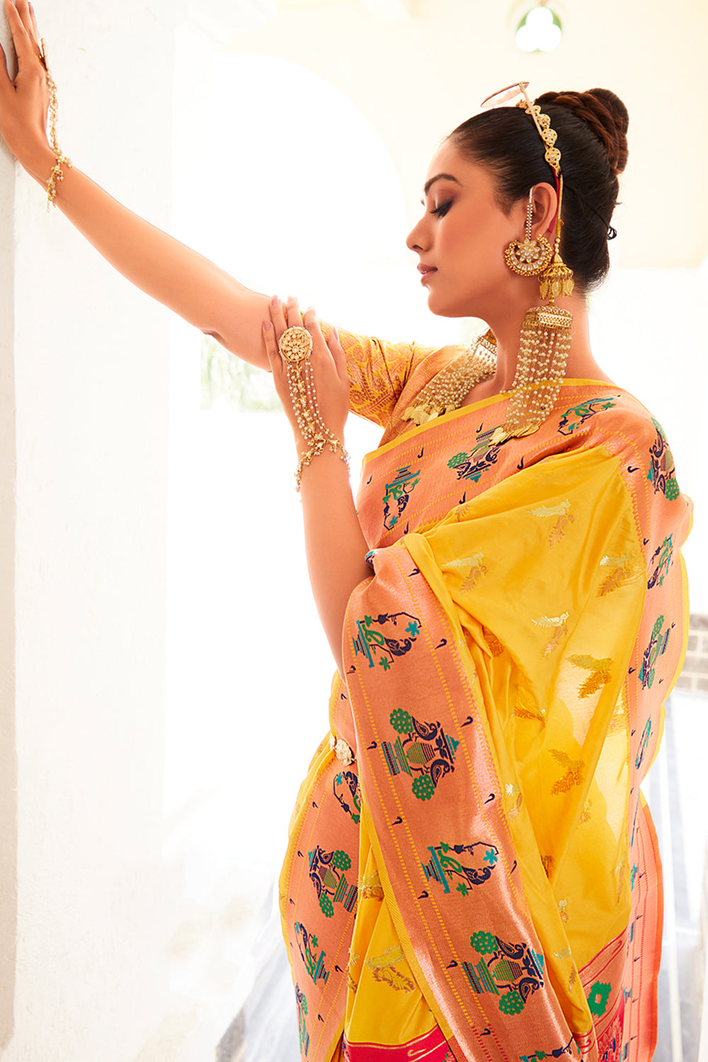 Bright Yellow Paithani Silk Saree