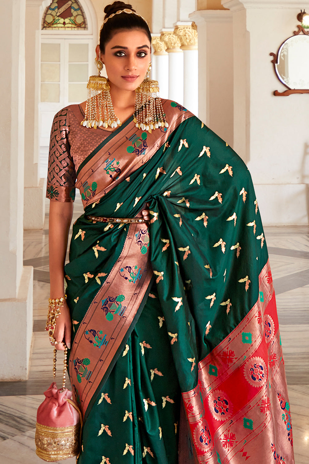 Forest Green Paithani Silk Saree