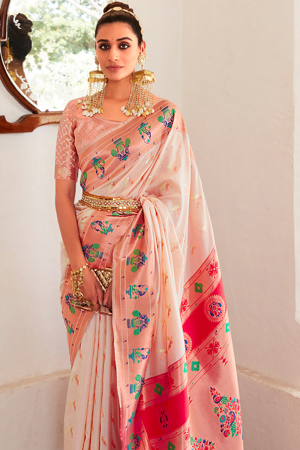 Peach Pink Paithani Silk Saree