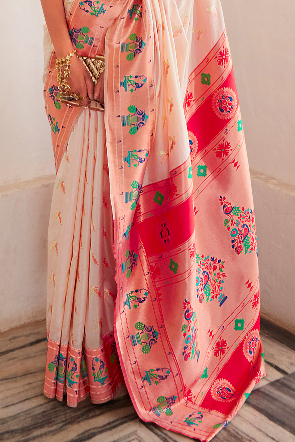 Peach Pink Paithani Silk Saree