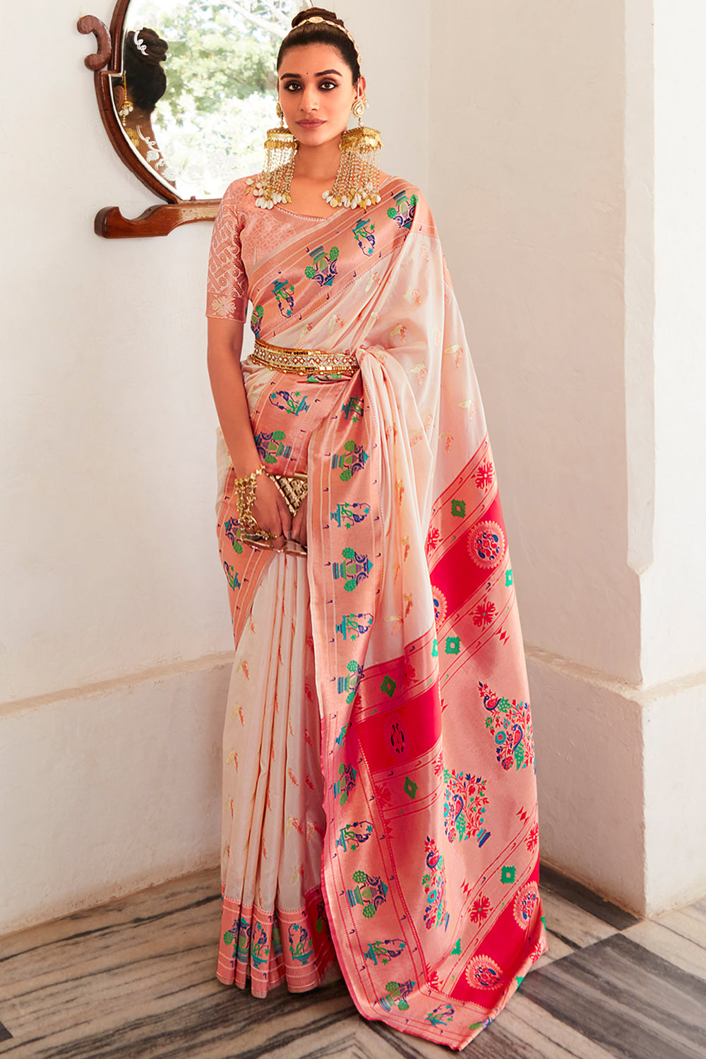 Peach Pink Paithani Silk Saree