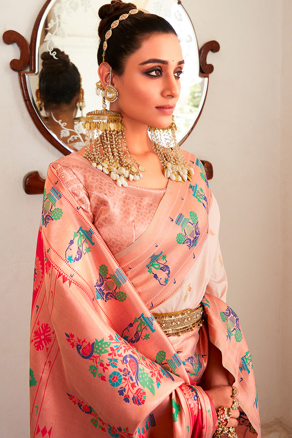 Peach Pink Paithani Silk Saree