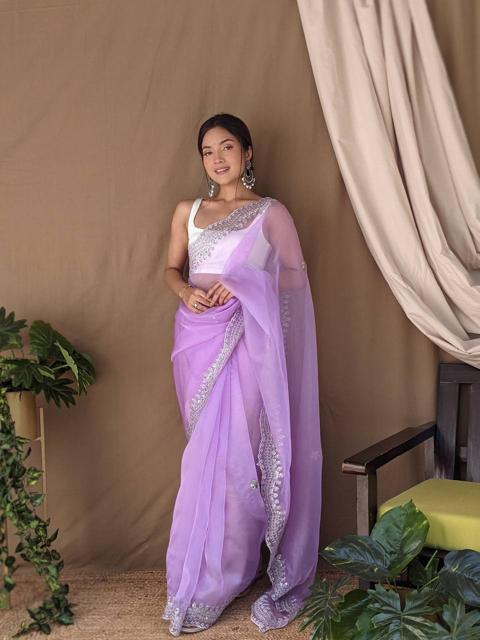 Lavender Organza Saree With weaving silk Blouse