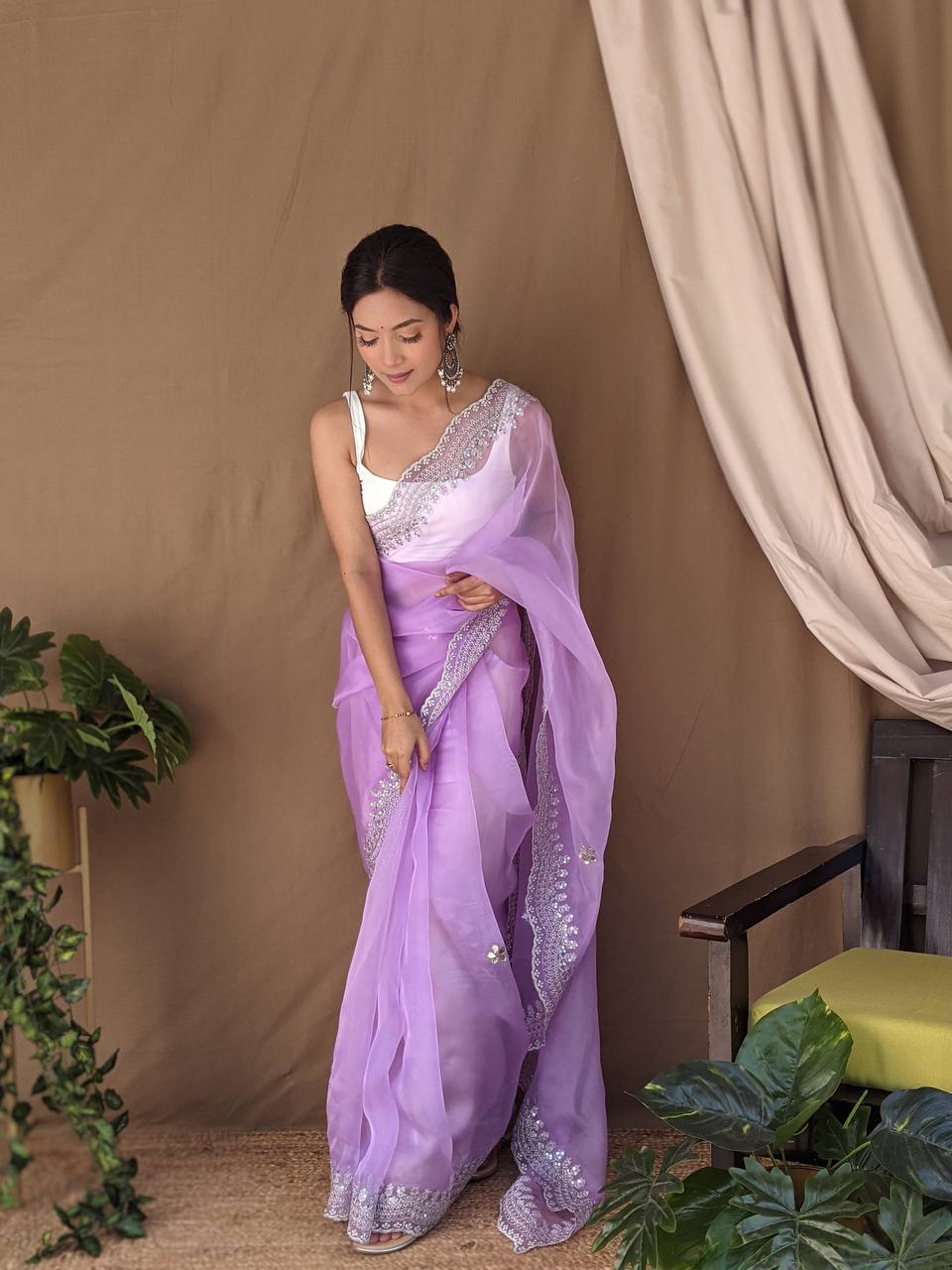 Lavender Organza Saree With weaving silk Blouse