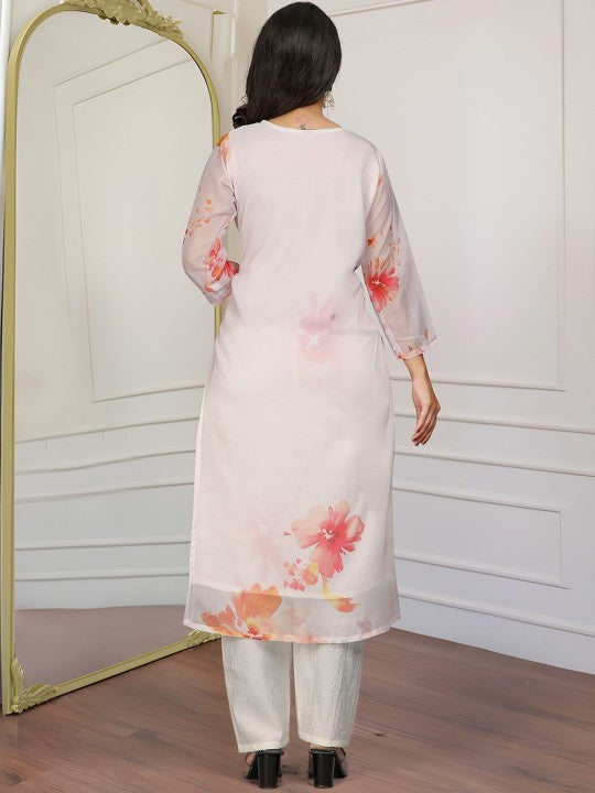 Off White Women Embroidered Premium Organza kurta set