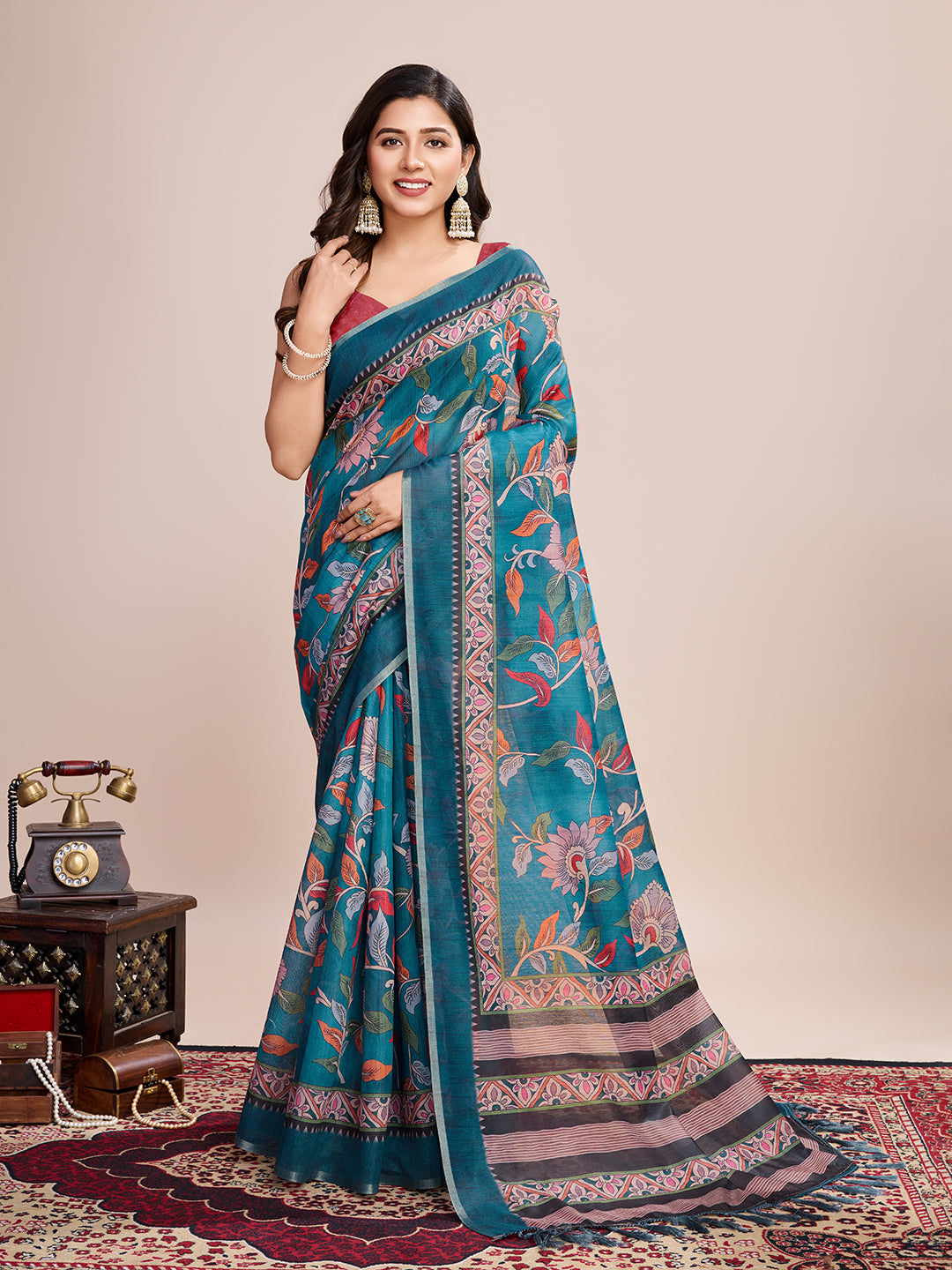 LIGHT BLUE SEMI LINEN SAREE