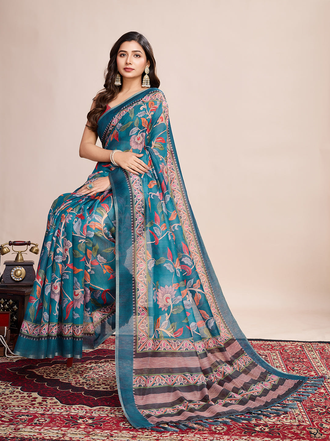 LIGHT BLUE SEMI LINEN SAREE