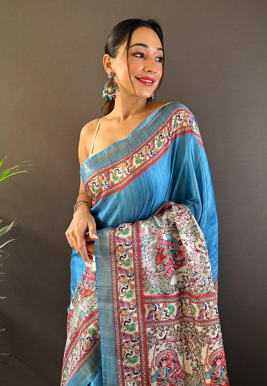 BLUE TUSSAR MADHUBANI PRINTED SAREE