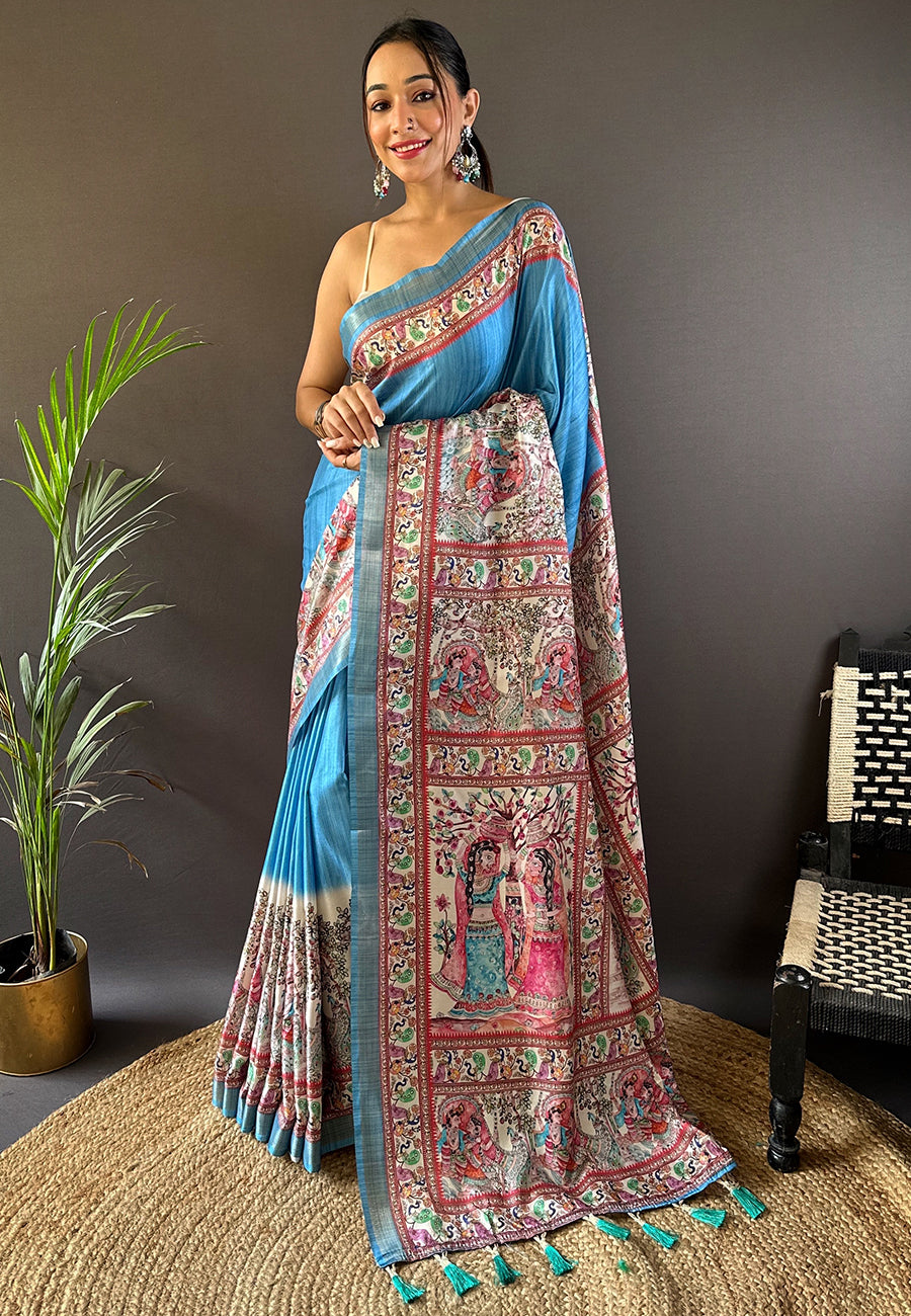 BLUE TUSSAR MADHUBANI PRINTED SAREE