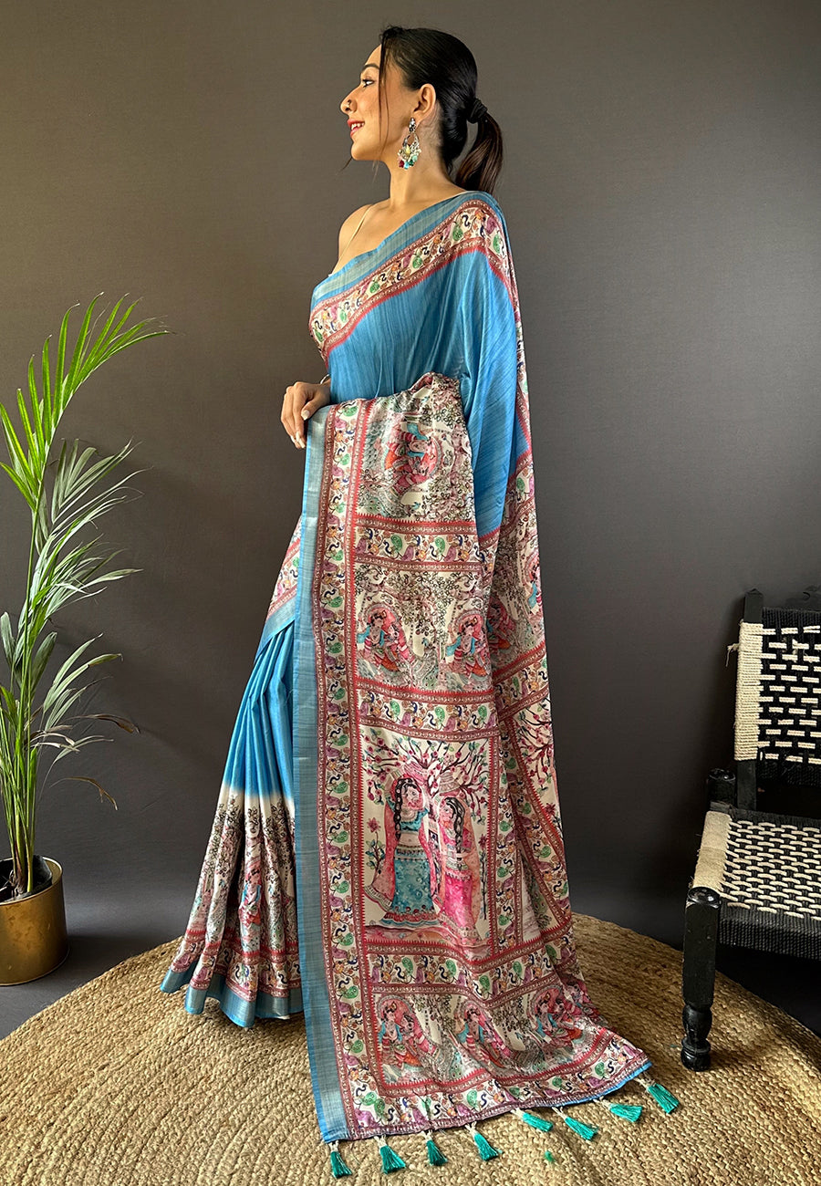 BLUE TUSSAR MADHUBANI PRINTED SAREE