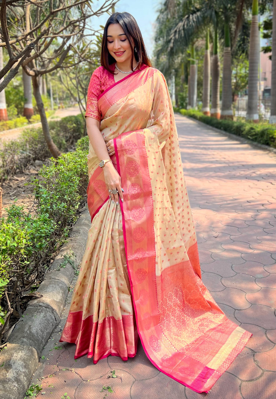 Chickoo Cream Banarasi Saree