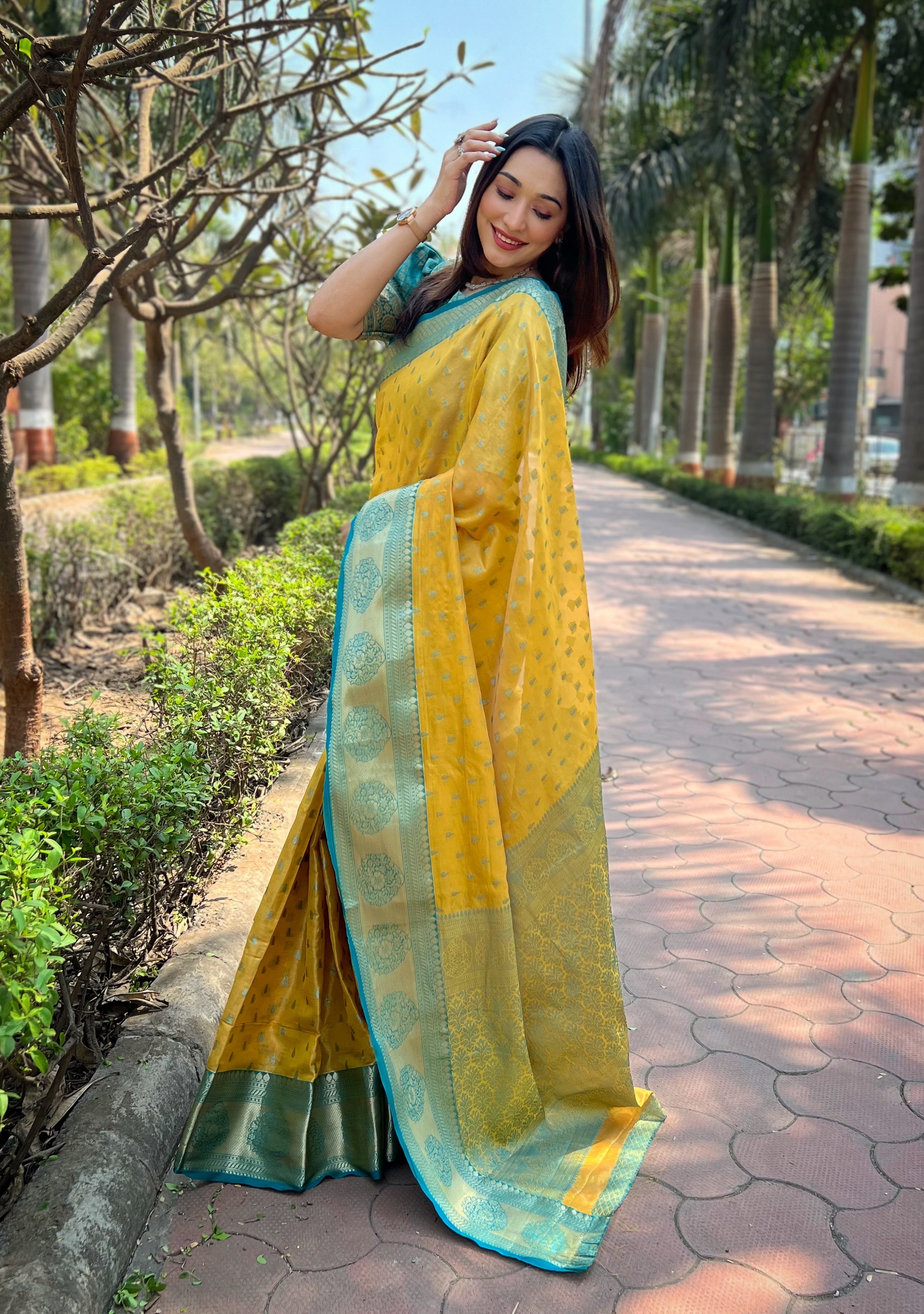 Bright Yellow Banarasi Saree