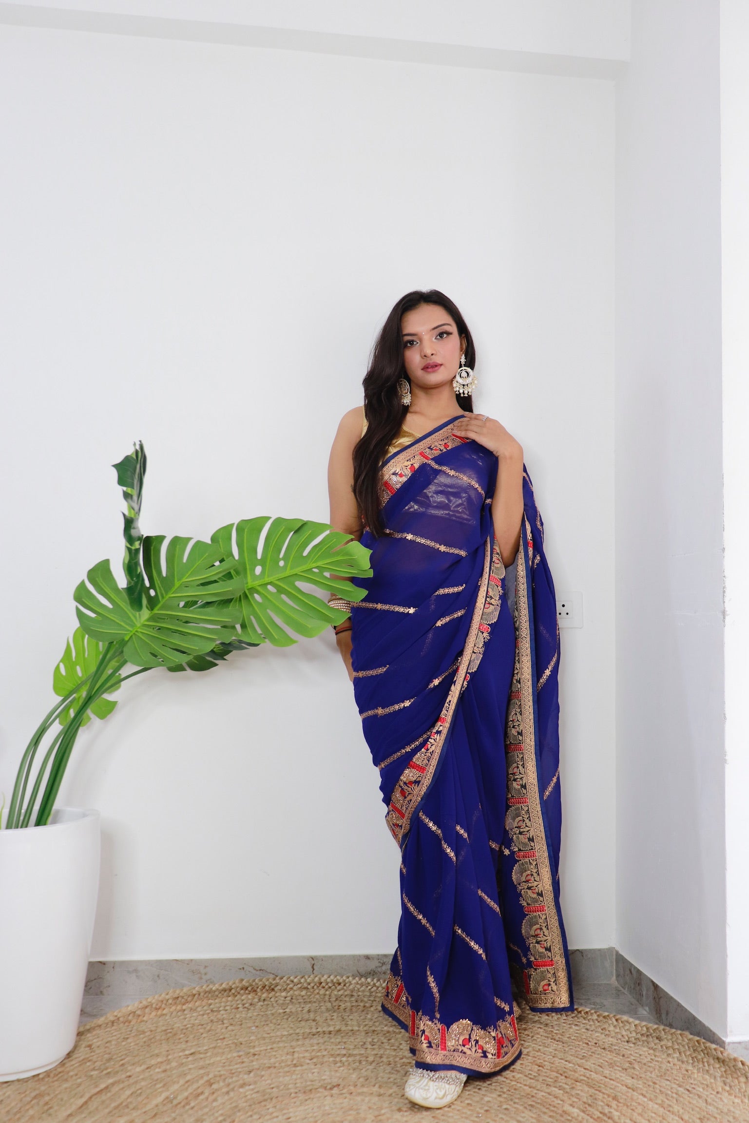 Navy blue Georgette Saree With Satin Benglori Blouse