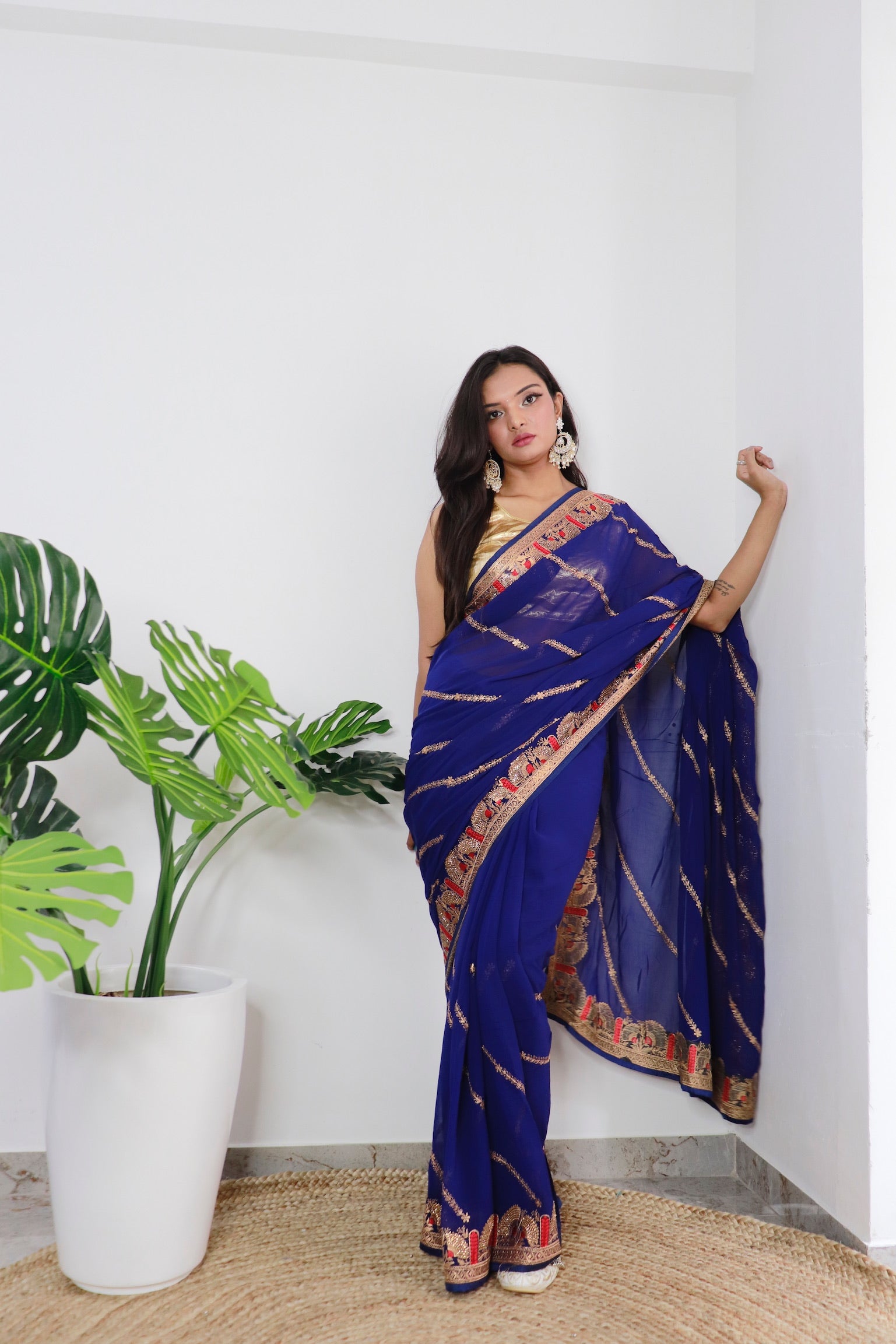 Navy blue Georgette Saree With Satin Benglori Blouse