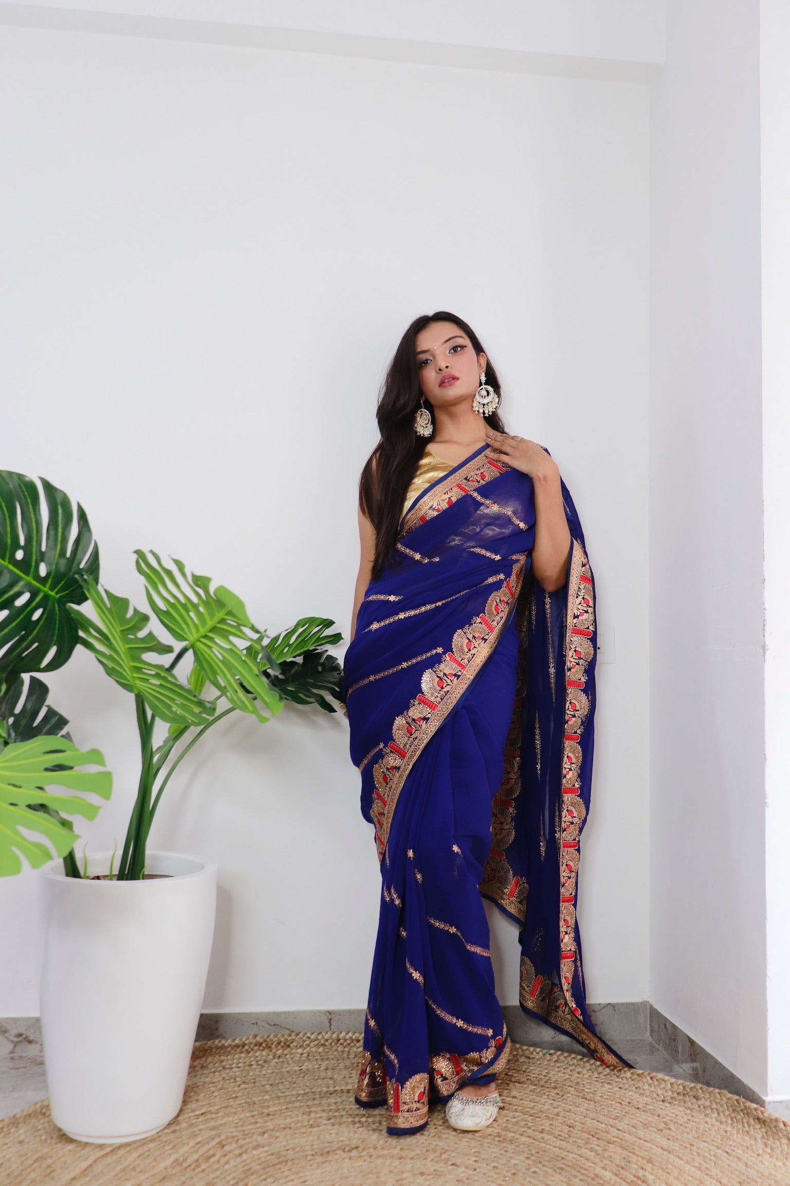 Navy blue Georgette Saree With Satin Benglori Blouse