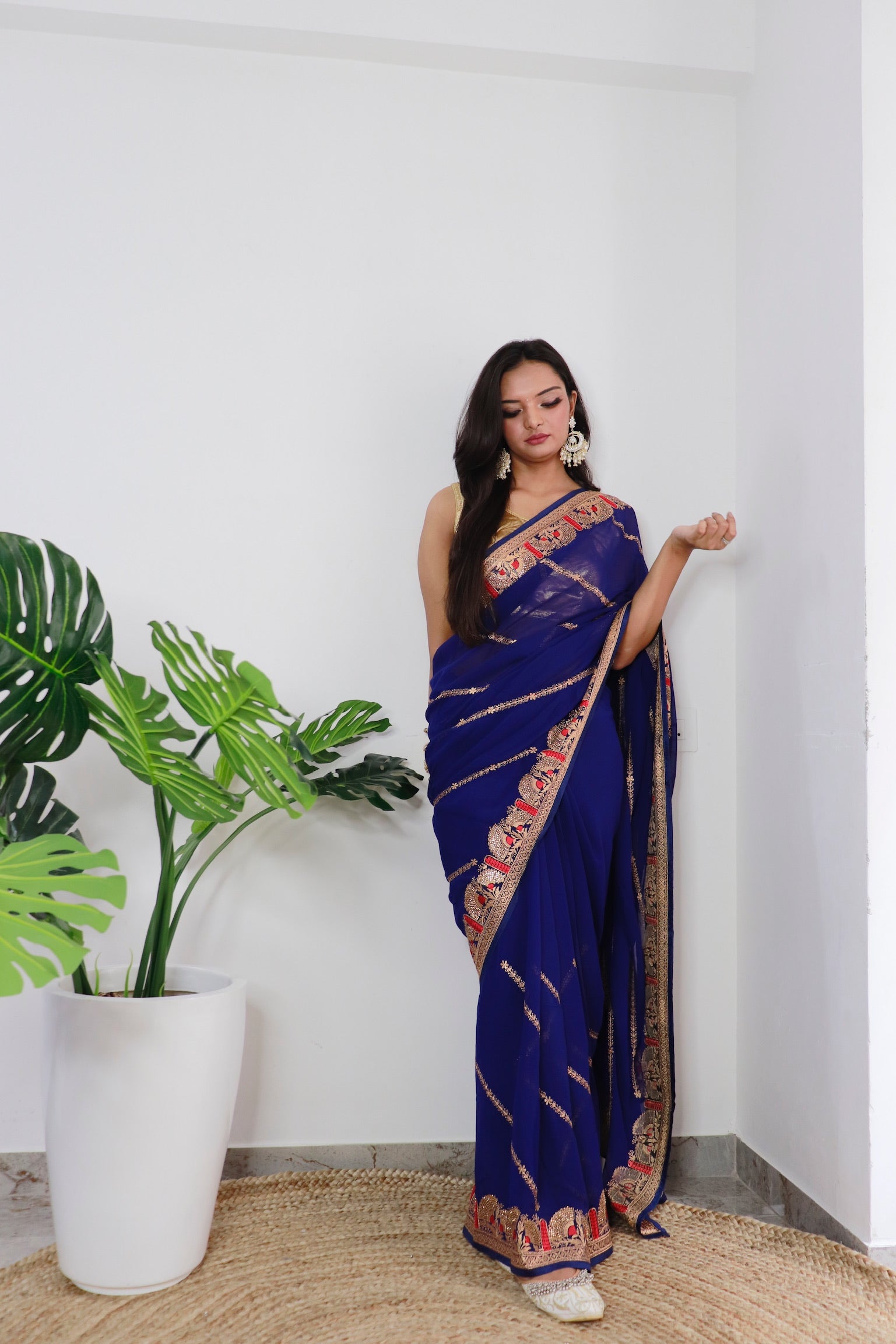 Navy blue Georgette Saree With Satin Benglori Blouse