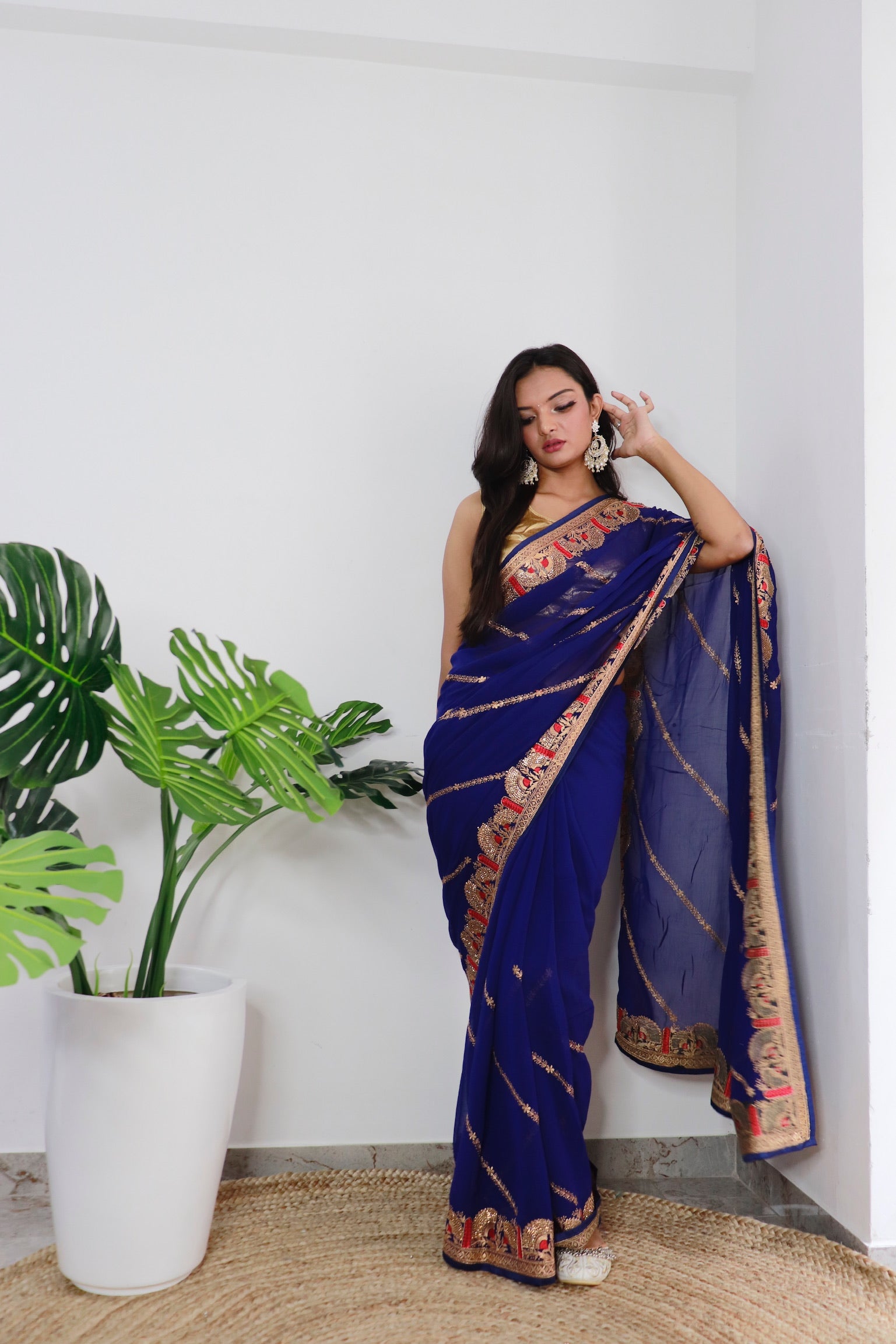 Navy blue Georgette Saree With Satin Benglori Blouse