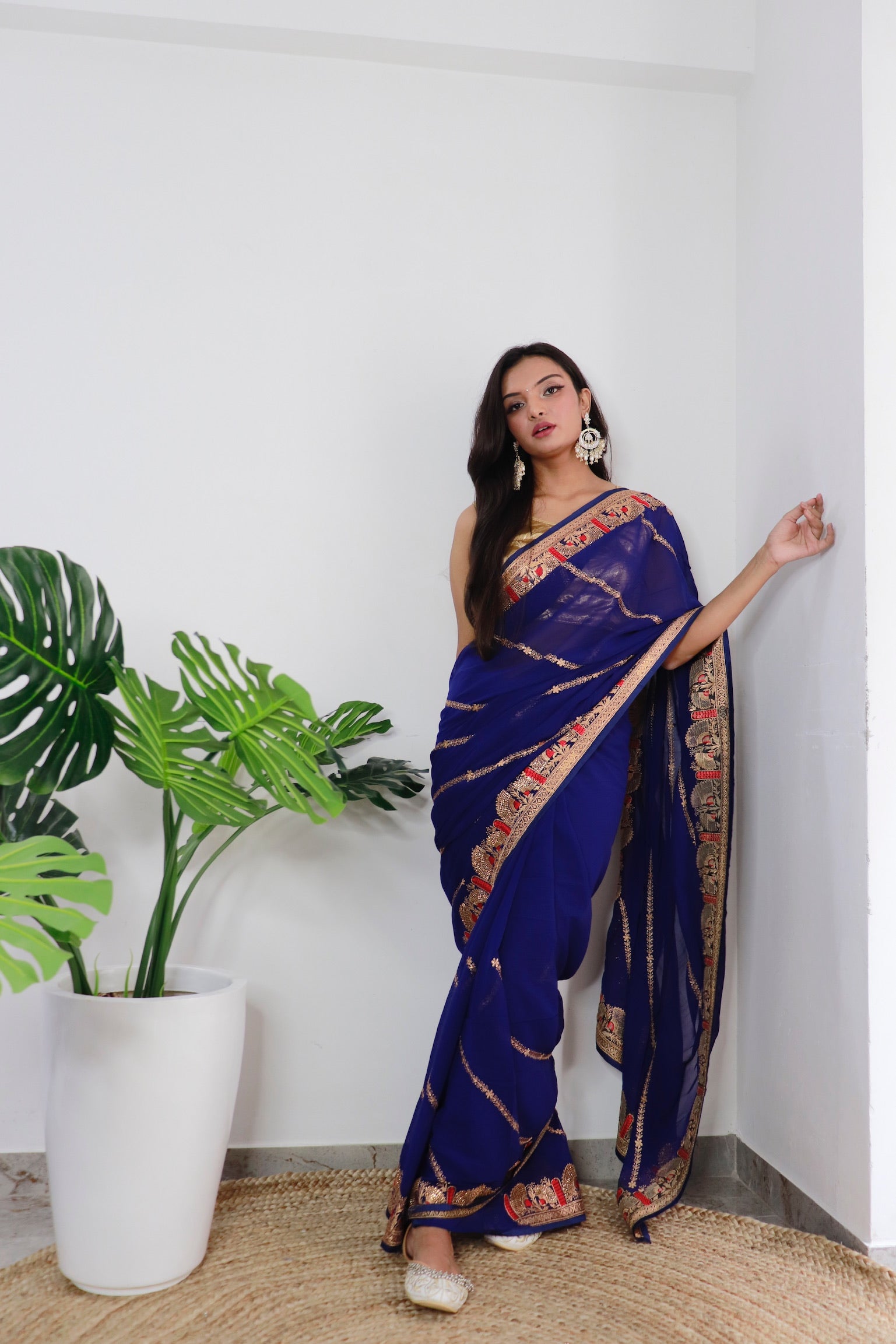 Navy blue Georgette Saree With Satin Benglori Blouse