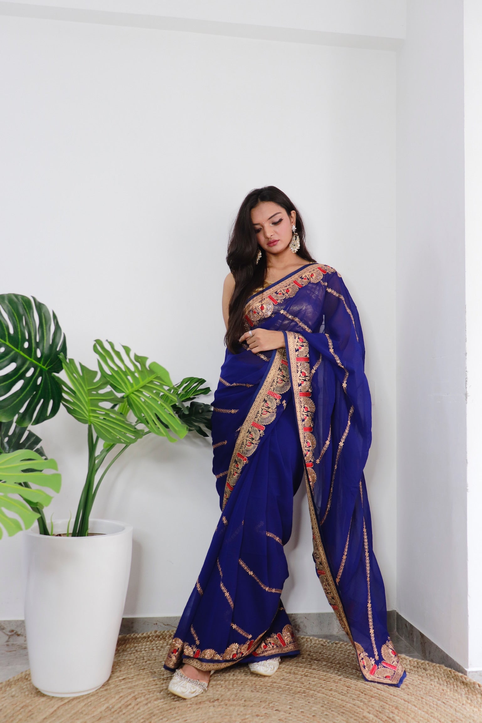 Navy blue Georgette Saree With Satin Benglori Blouse