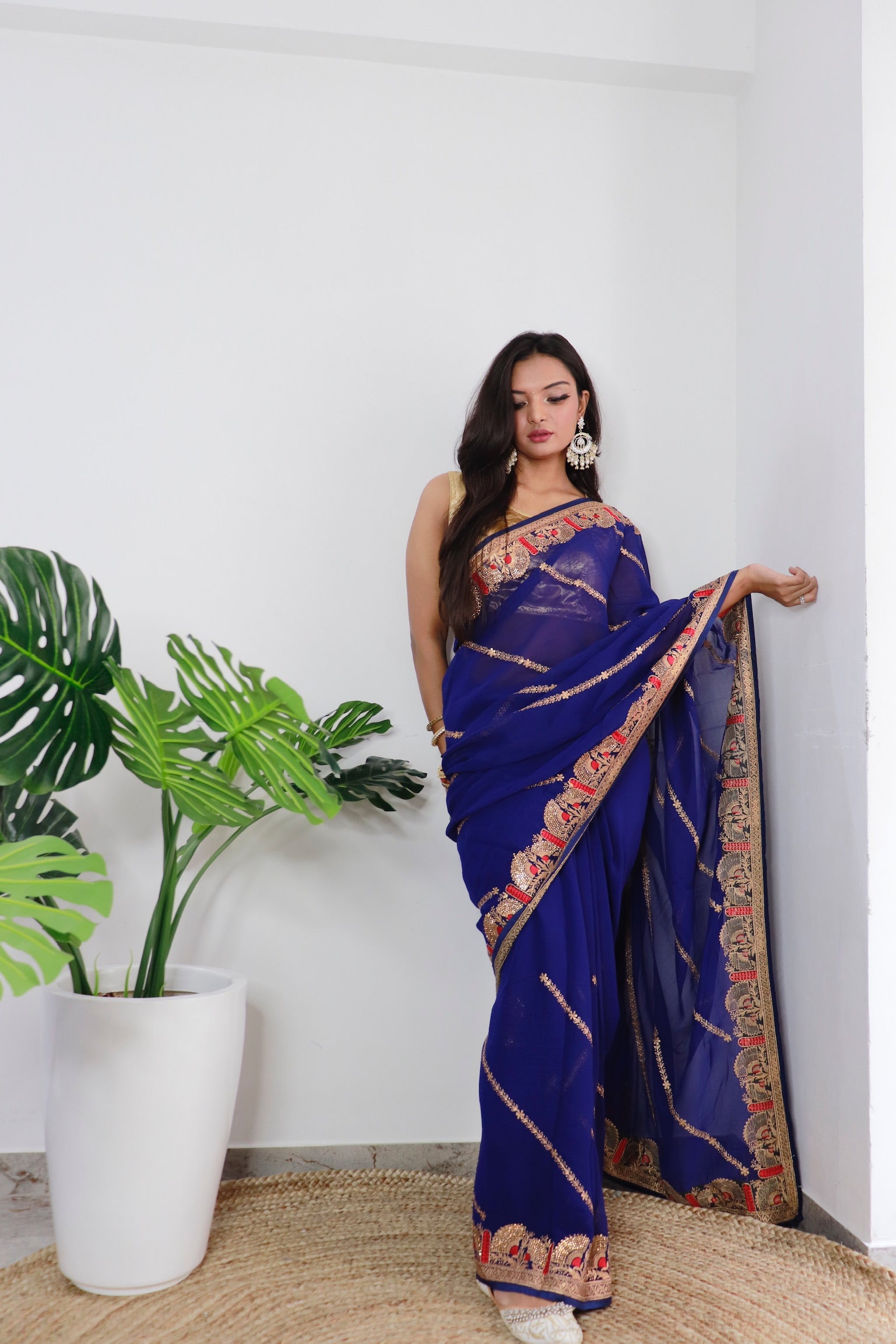 Navy blue Georgette Saree With Satin Benglori Blouse