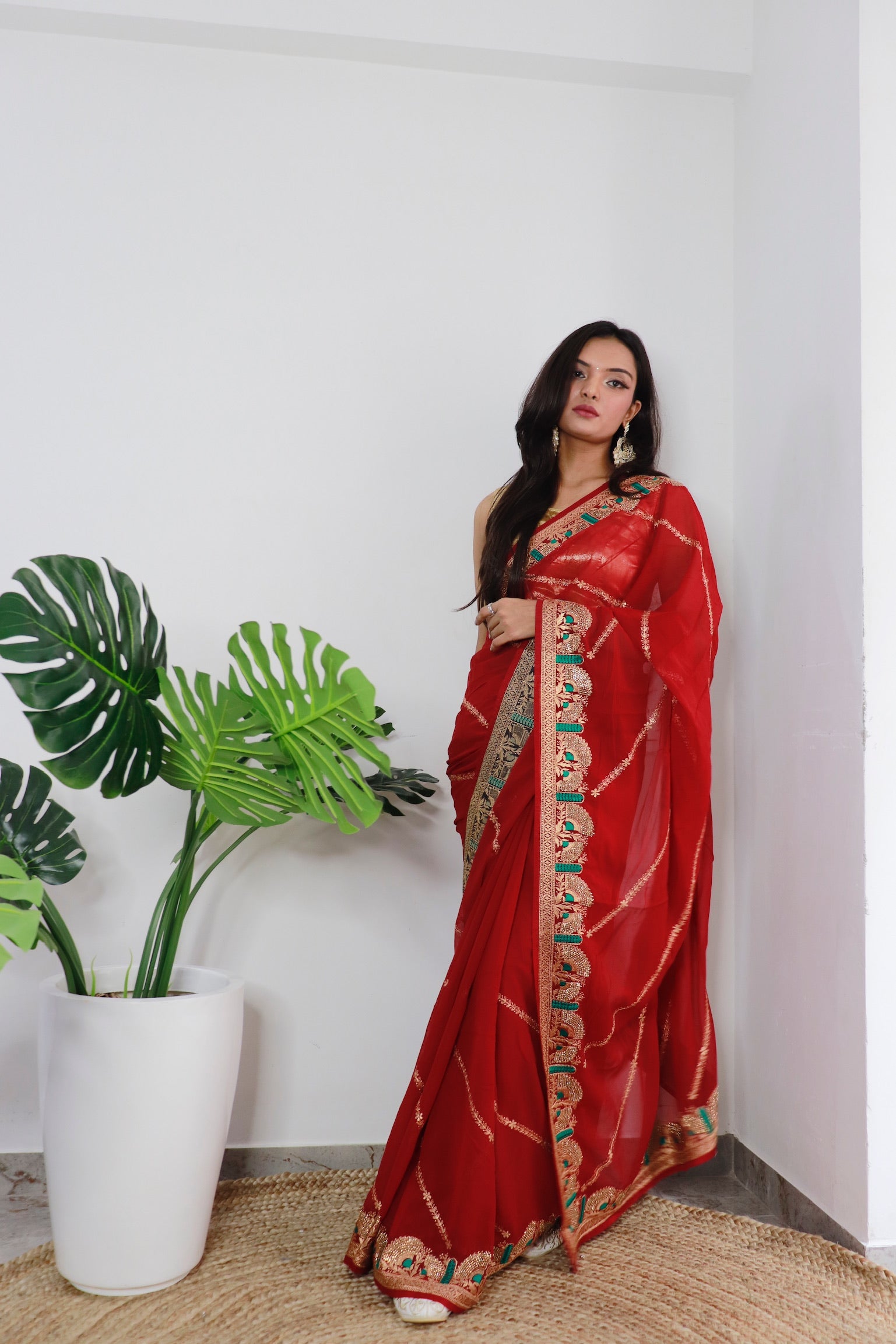 Red Georgette Saree With Satin Benglori Blouse