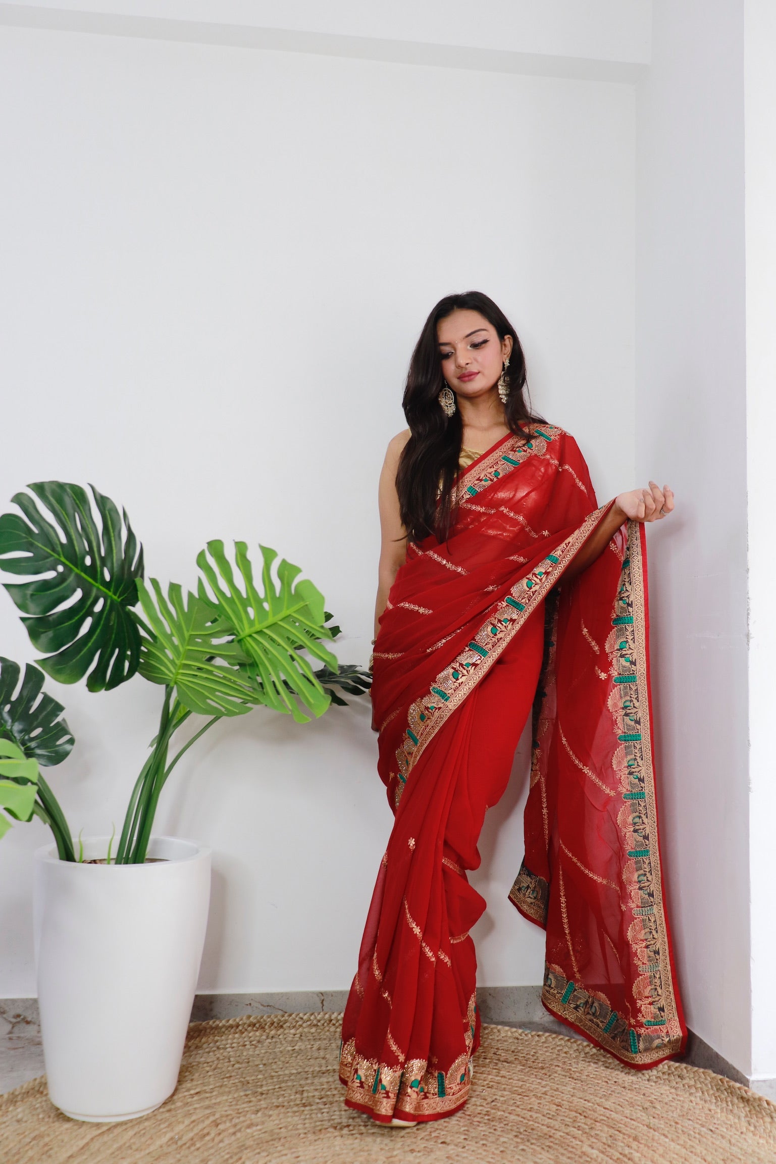 Red Georgette Saree With Satin Benglori Blouse