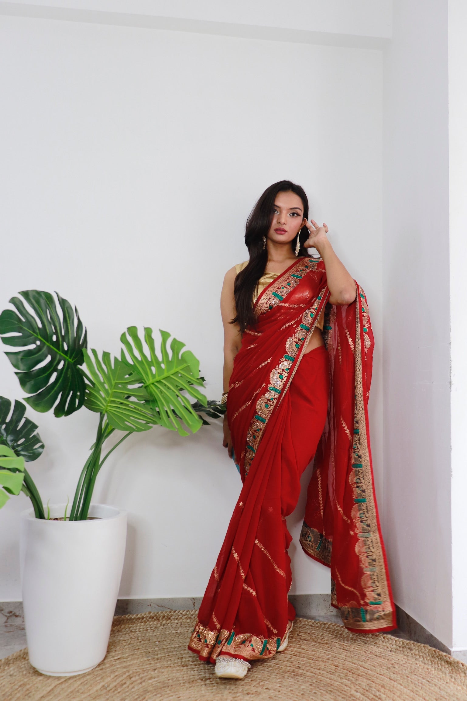 Red Georgette Saree With Satin Benglori Blouse